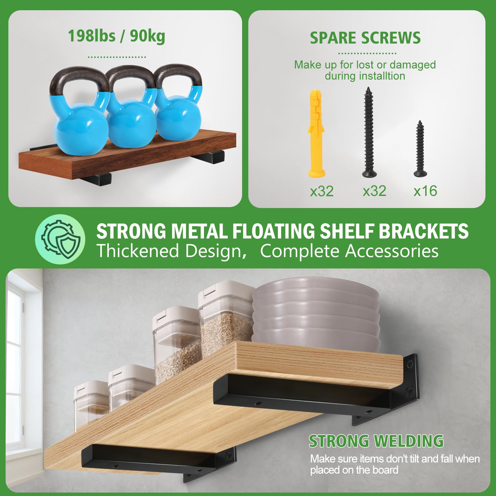 Soportes de estante flotantes de 8 pulgadas resistentes, soportes de estantería cuadrados, soportes de estante flotante de metal, soportes de montaje en pared negros paquete de 8
