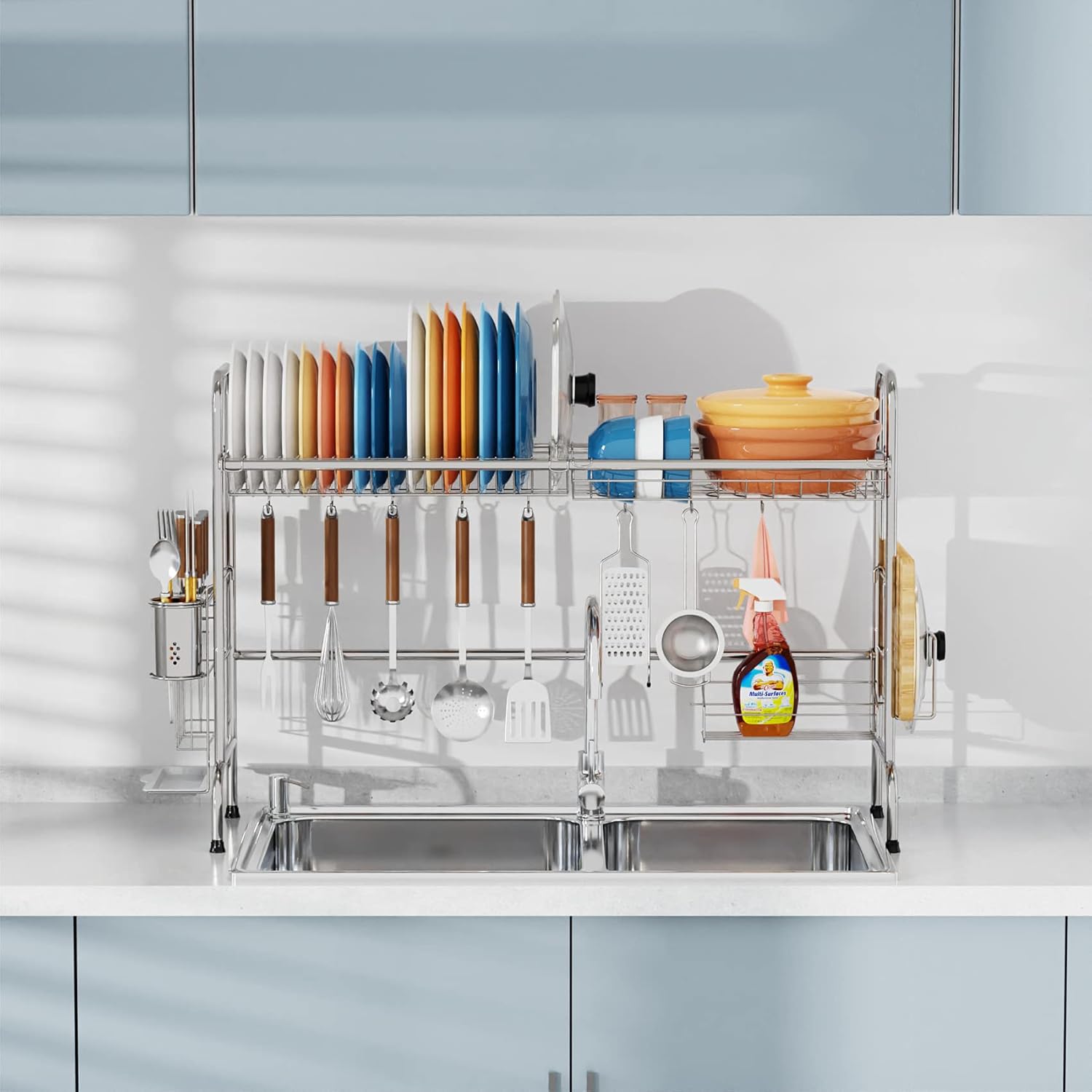 Veckle Over The Sink Dish Drying Rack, Large Dish Rack Stainless Steel Dish Drainer Easy Install Non-Slip Dish Dryer Utensil Holder, Cutting Board Holder Kitchen Sink Shelf Storage Rack