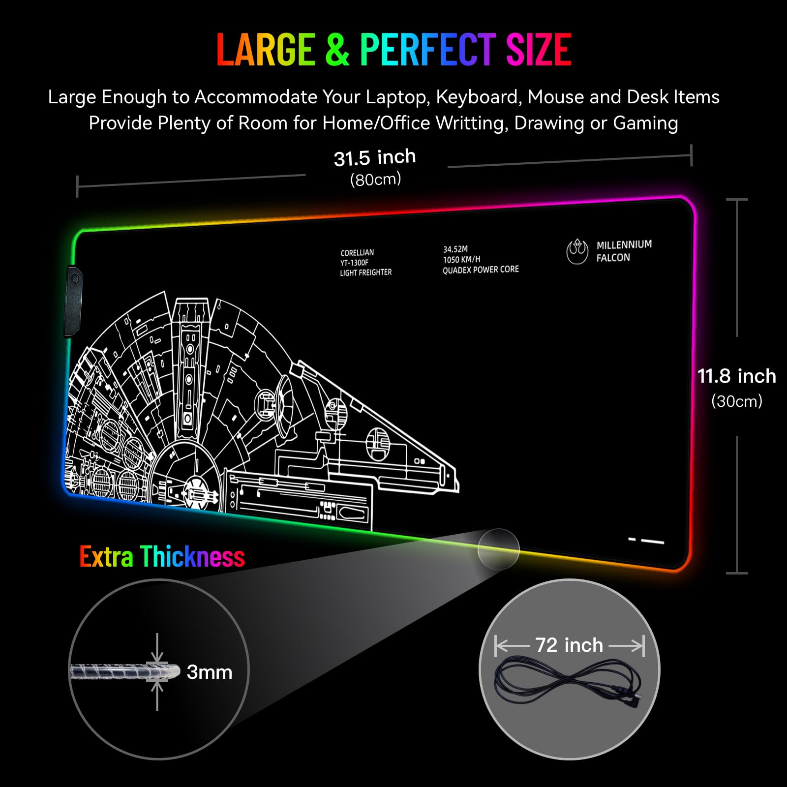 Alfombrilla de mouse RGB LED para juegos, teclado grande, lindo ordenador de sobremesa, portátil, 14 luces, XXL, largo, gigante, grande, fresco, diseño moderno, único para hombres, niños,