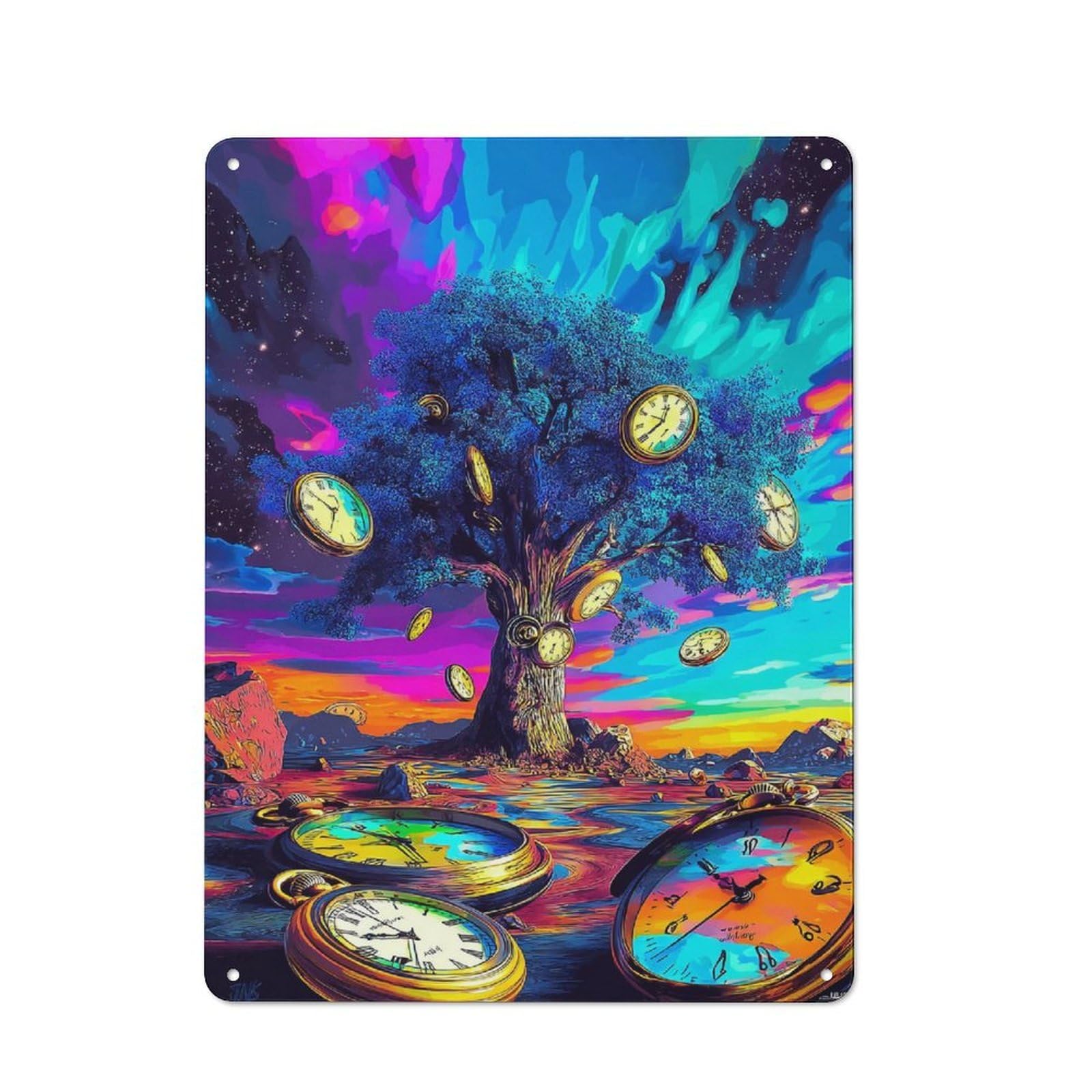 Junmoney Time Tree In Landscape Rustic Metal Wall Sign 40X30cm Featuring For Garage Wall, Tin Sign Wall Decor For Garages And Workshops