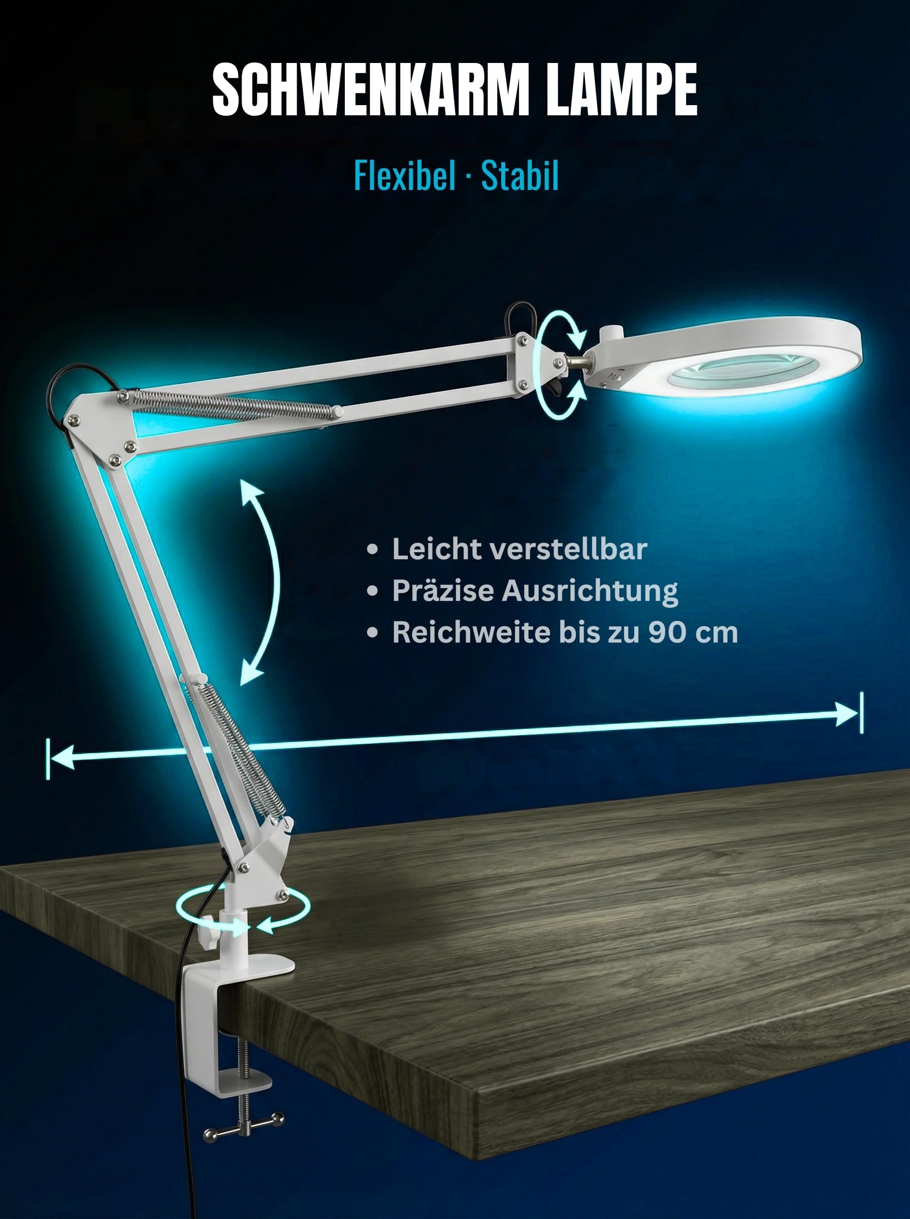 Lupenleuchte LED mit Klemme & Gelenkarm – 5 Dioptrien, Dimmbar | 10,5 cm Glaslinse, 5 Lichtfarben, 6,4 cm Klemme, 90 cm Arm, Präzision, Handarbeit, Hobby, Lesen