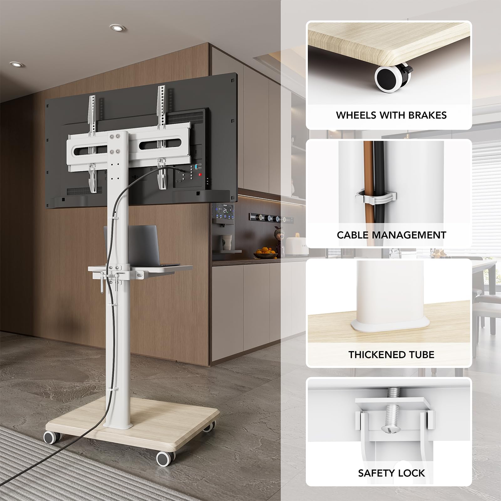 AX WABER Supporto TV da Pavimento Mobile con Ruote, per TV 27-65 Pollici, VESA 400x400, Carico 40kg, Design Bianco e Legno Chiaro