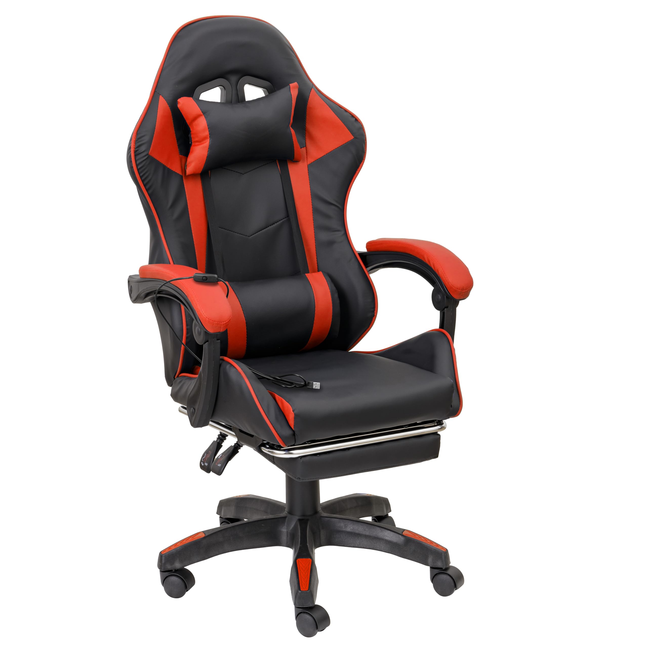 Baroni Home Silla Gaming Ergonómica con Masajeador Lumbar, Altura Ajustable y Respaldo Reclinado, Silla de Oficina con Cómoda Almohadilla para Cabeza y Reposapiés, en Soft Foam, Rojo, 58x66x114-124 cm