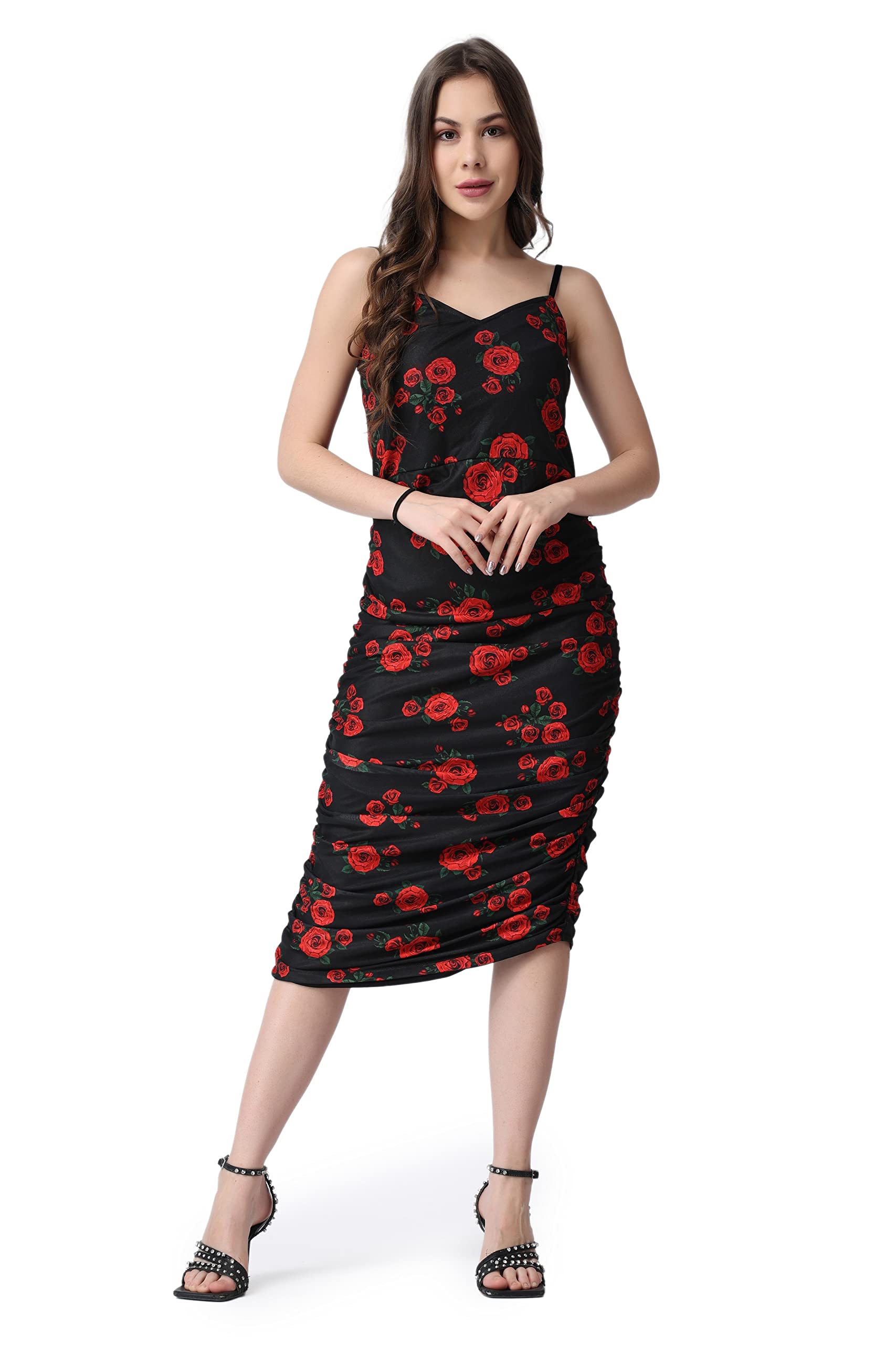 Popwings Polyester Bodycon Midi Women Dress (B0Bn7S78Z6_Black