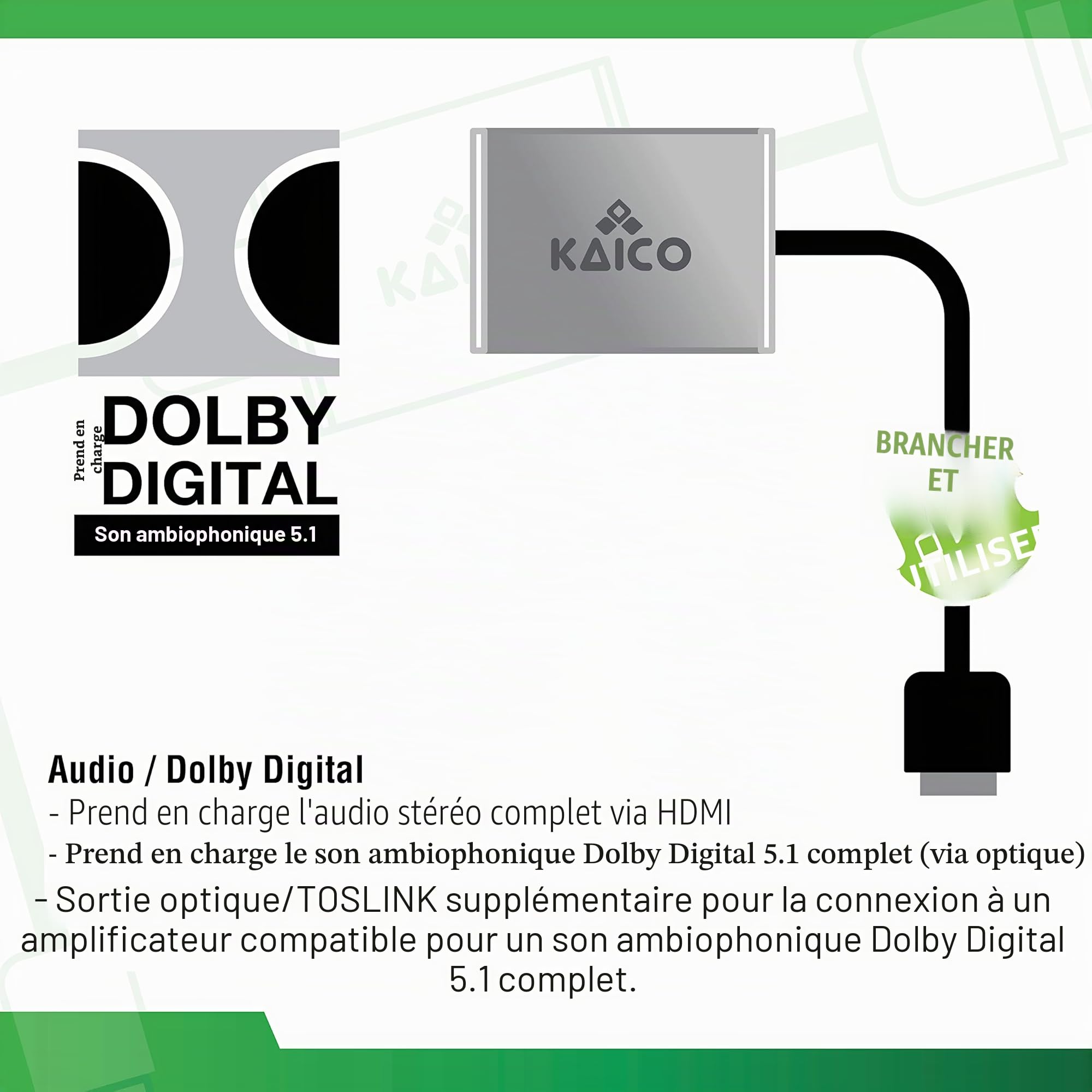 Kaico Convertisseur HDMI pour Xbox Originale – Dolby Digital 5.1 Via Port Optique – Câble HD Link pour OG Xbox – Port Toslink pour Prise en Charge des Amplificateurs – Xbox2HDMI | Prend en charge 480i, 480p, 720p et 1080i, sans alimentation externe, vidéo
