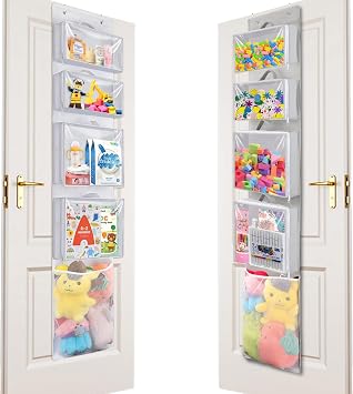 Woodoulogy White+Grey Hanging Toy Storage over Door, Block Stuffed Animal Organizer Idea with 4 Removable Case Bag, Bi-Fold Closet Holder with Mesh Pocket