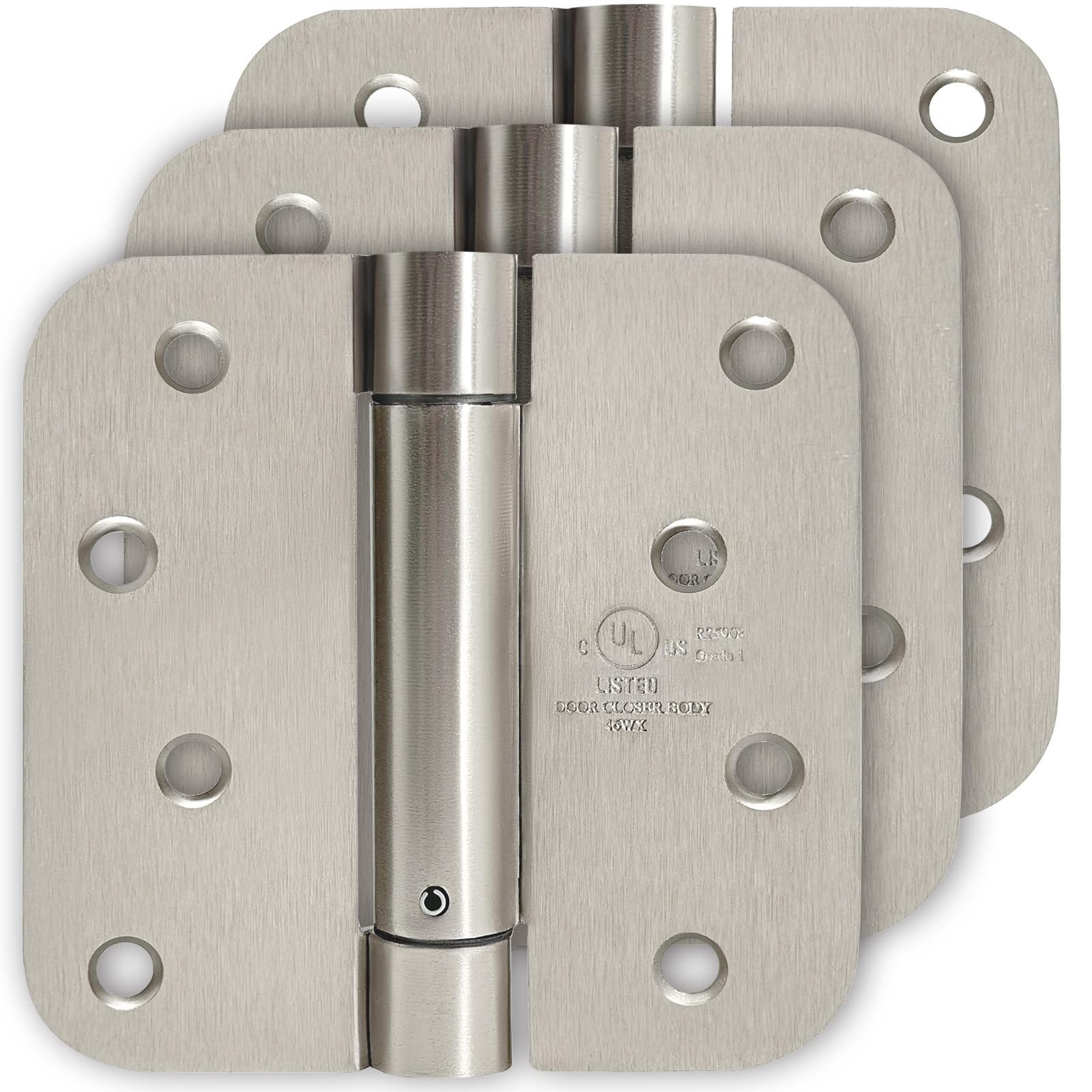 Photo 1 of ***Only has one spring hinge and other are non spring hinges***4 Inch Self Closing Satin Chrome Door Hinge 5/8" Radius Corner 3pack,Adjustable Tension for Garage, Front Door, Back Door, for Left and Right Hand Door, UL Listed***Only has one spring hinge a