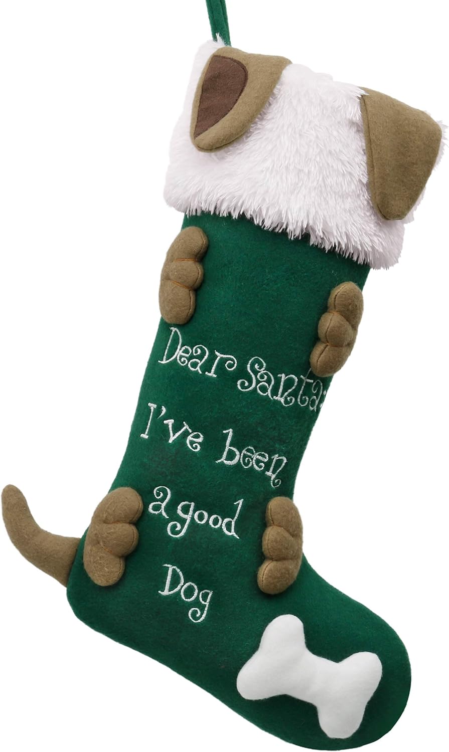 Valery Madelyn Christmas Stockings Decorations, 21 Inch Fabric Green Good Dog Cute Plush Personalized Fireplace Hanging Ornament for Holiday Xmas Party Decor