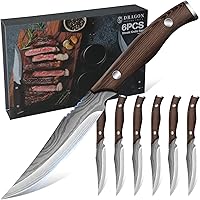 DRAGONCREEK Dragon Creek 6-Piece Steak Knives Set - High-Carbon Steel Non-Serrated 4.3" Blades, Full-Tang Wooden Handles, Gift Box