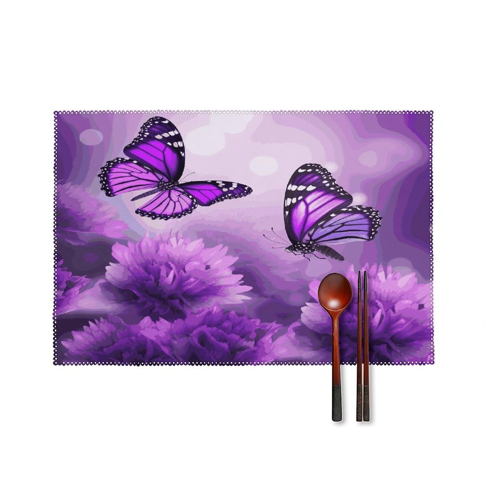 Purple Flower Butterflies Placemats Set of 4 Heat Resistant Non-Slip Place Mats Wipeable Easy to Clean Table Mats for Kitchen Dining Party Outdoor Placemats