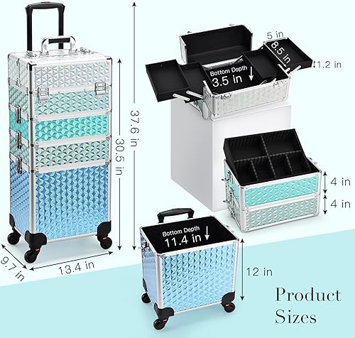 Miniatura 6 de Adazzo Maleta de maquillaje 4 en 1 con ruedas para cosméticos, caja de tecnología de uñas para artistas de maquillaje, estilistas, estuche de
