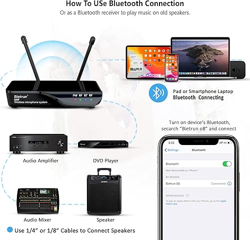 Miniatura 7 de Micrófono inalámbrico para DJ, escenario, Bietrun UHF profesional 165 pies, sistema de micrófono inalámbrico de mano dinámico inalámbrico con 2