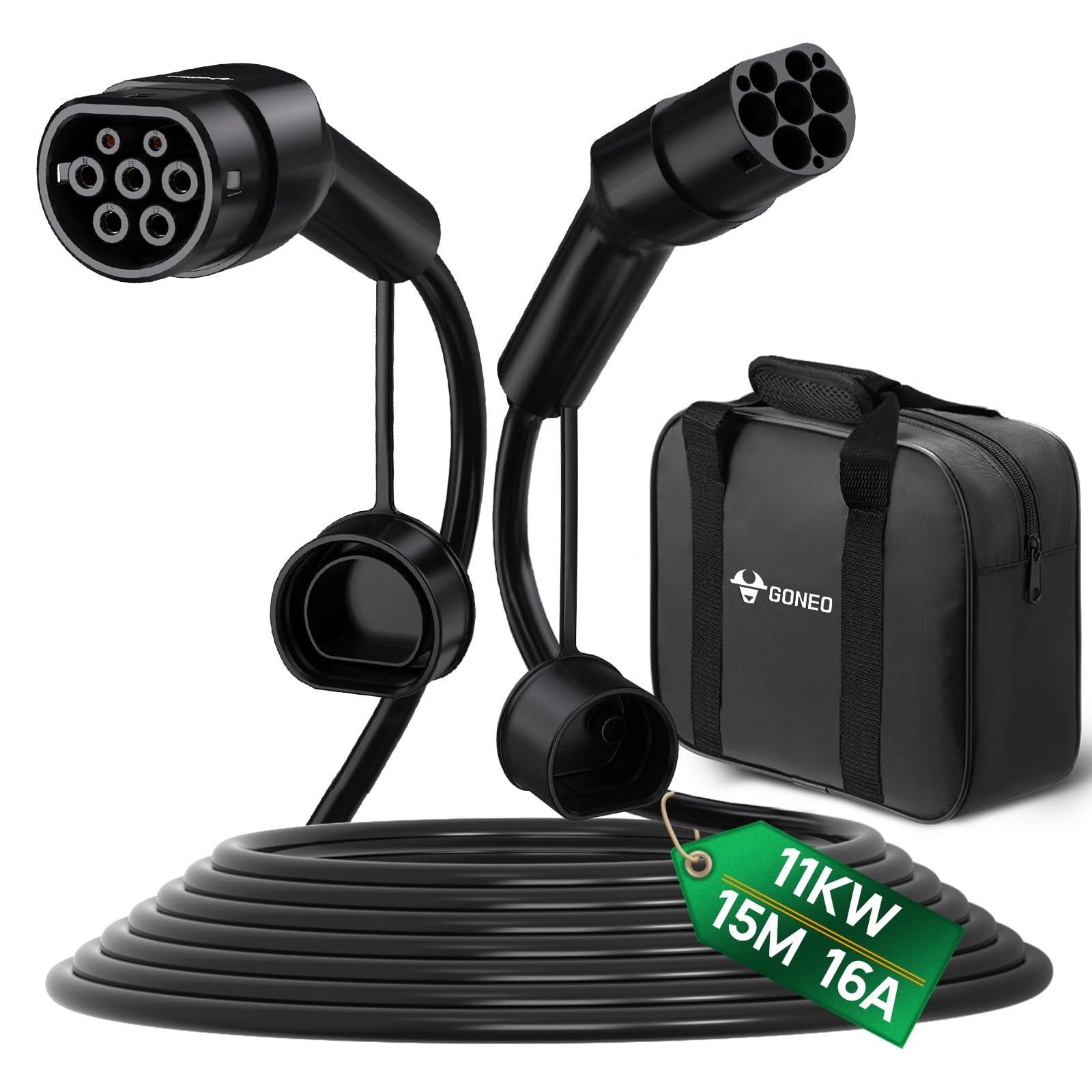 GONEO tipo 2 cable de carga de coche eléctrico 11kW/15M/16A/trifásico/modo 3 cable de carga para EV/PHEV carga rápida con bolsa de transporte