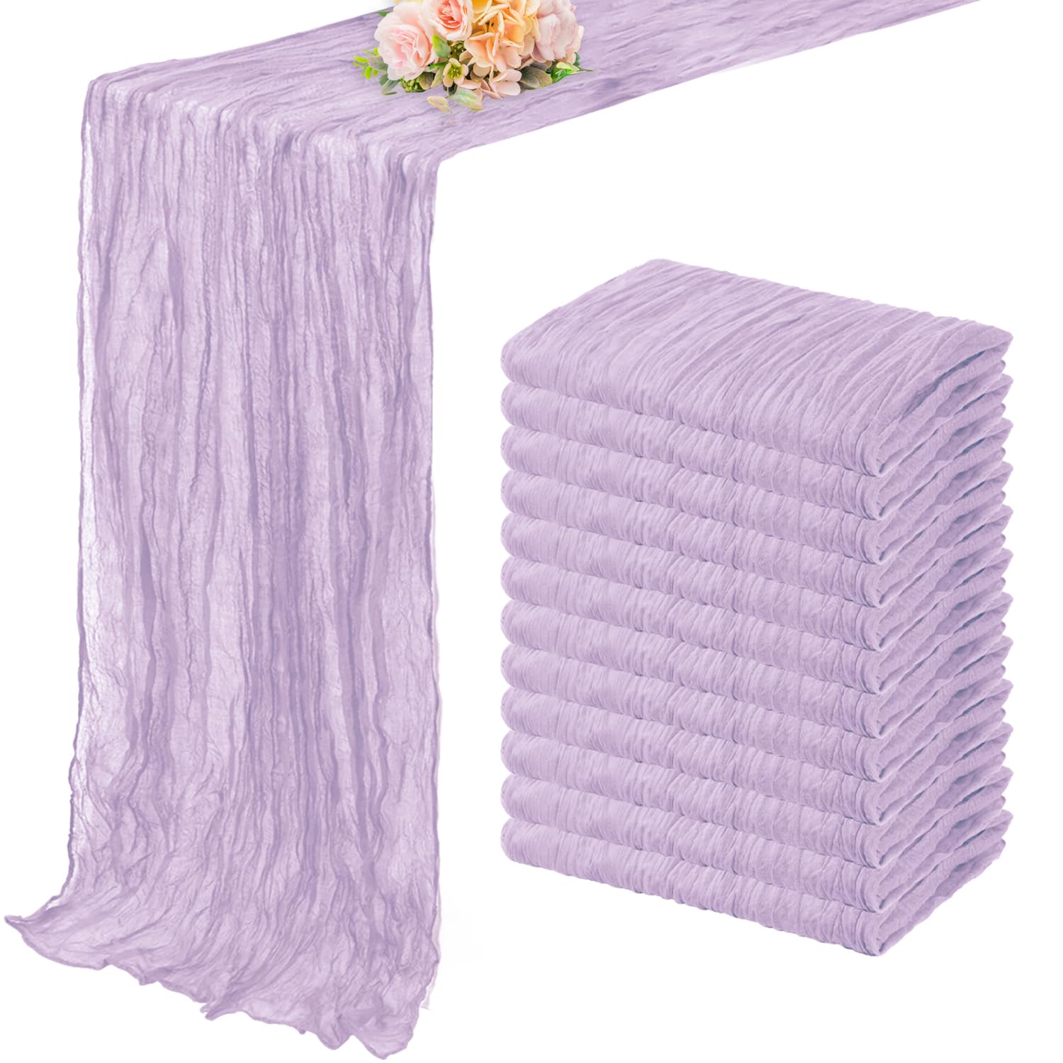 Photo 1 of 12 Pack Lilac Cheesecloth Table Runner 10FT Rustic Gauze Cheese Cloth Table Runner for Wedding 20 x 120 Inch Long Bridal Baby Shower Table Decor Boho Fabric Sheer Birthday Party Table Decorations