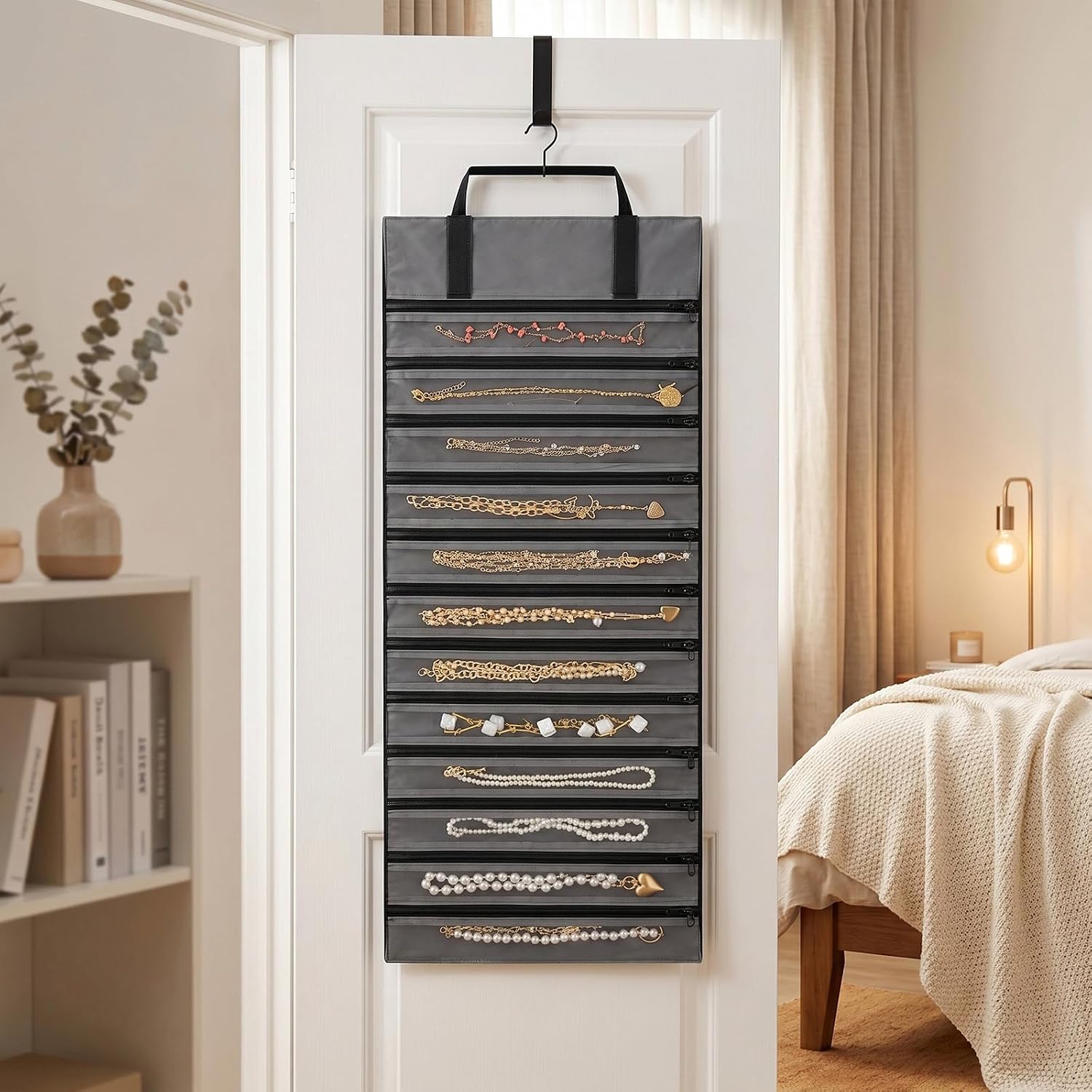 UnionPlus Velvet Jewelry Roll Organizer, 12 Grids, Black