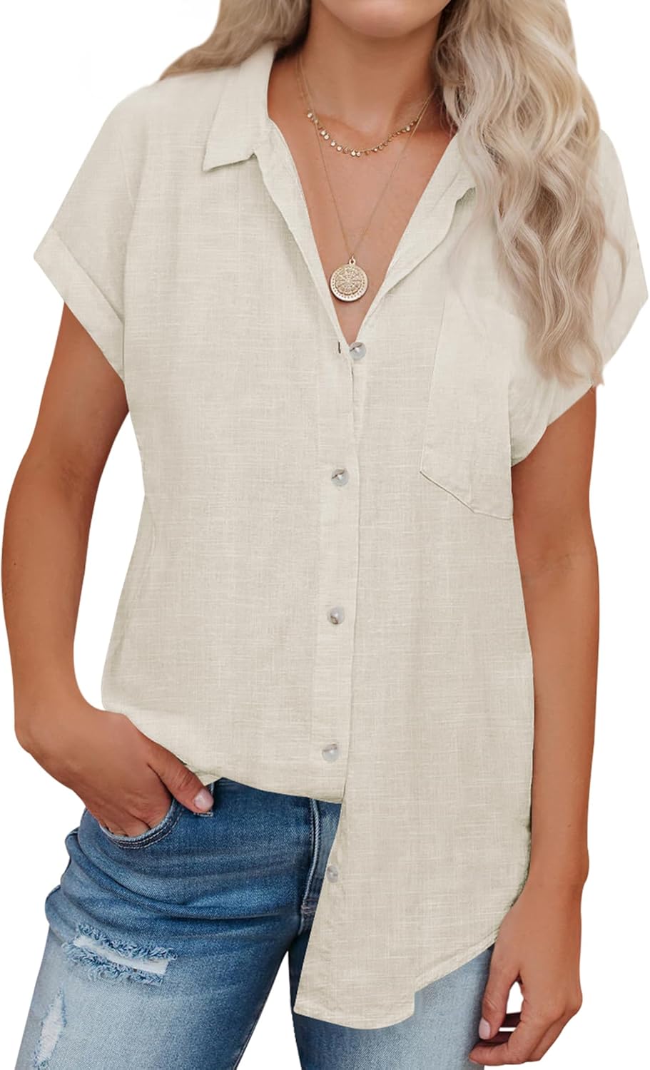 siliteelon Linen Shirts for Women Button Down Shirts Short Sleeve Cotton Collared V Neck Solid Casual Blouses with Pocket - Image 6