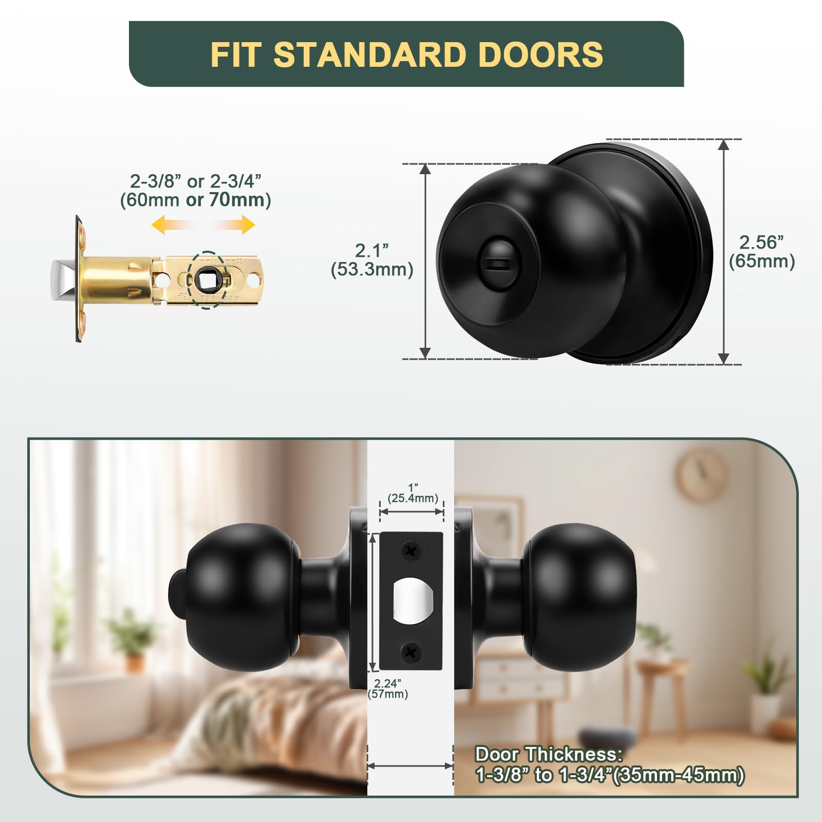 Black Interior Door Knobs - 10 Pack, Keyless Privacy -5