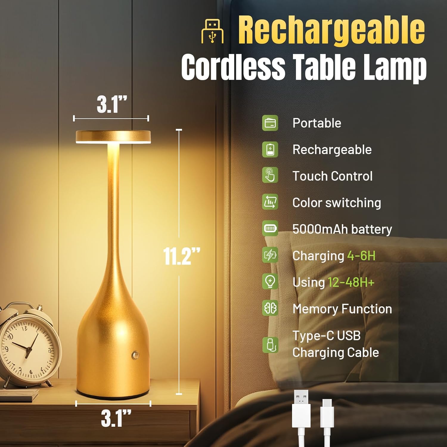 Cordless Table Lamp Rechargeable 5000mAh Battery Operated LED Table Light, 3 Color Stepless Dimming Portable Table Light Waterproof for Patio Dining Dinner Home Terrace (Gold)