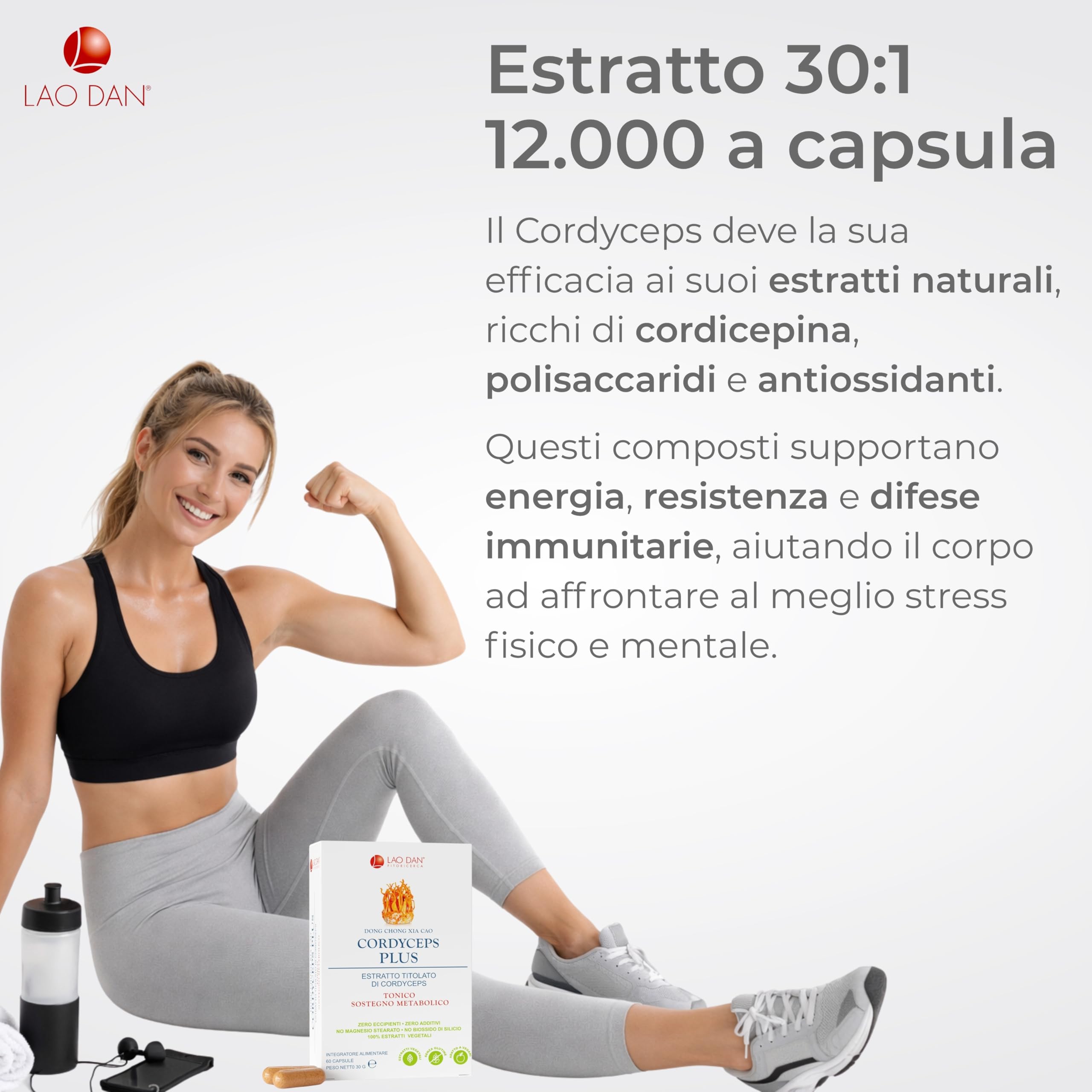 Cordyceps Plus da Fitoricerca Lao Dan®, 60 Cps Cordyceps Sinensis, 12.000 mg (Estratto CS-4 30:1) titolato al 40% in polisaccaridi, Cordyceps Capsule Made in Italy