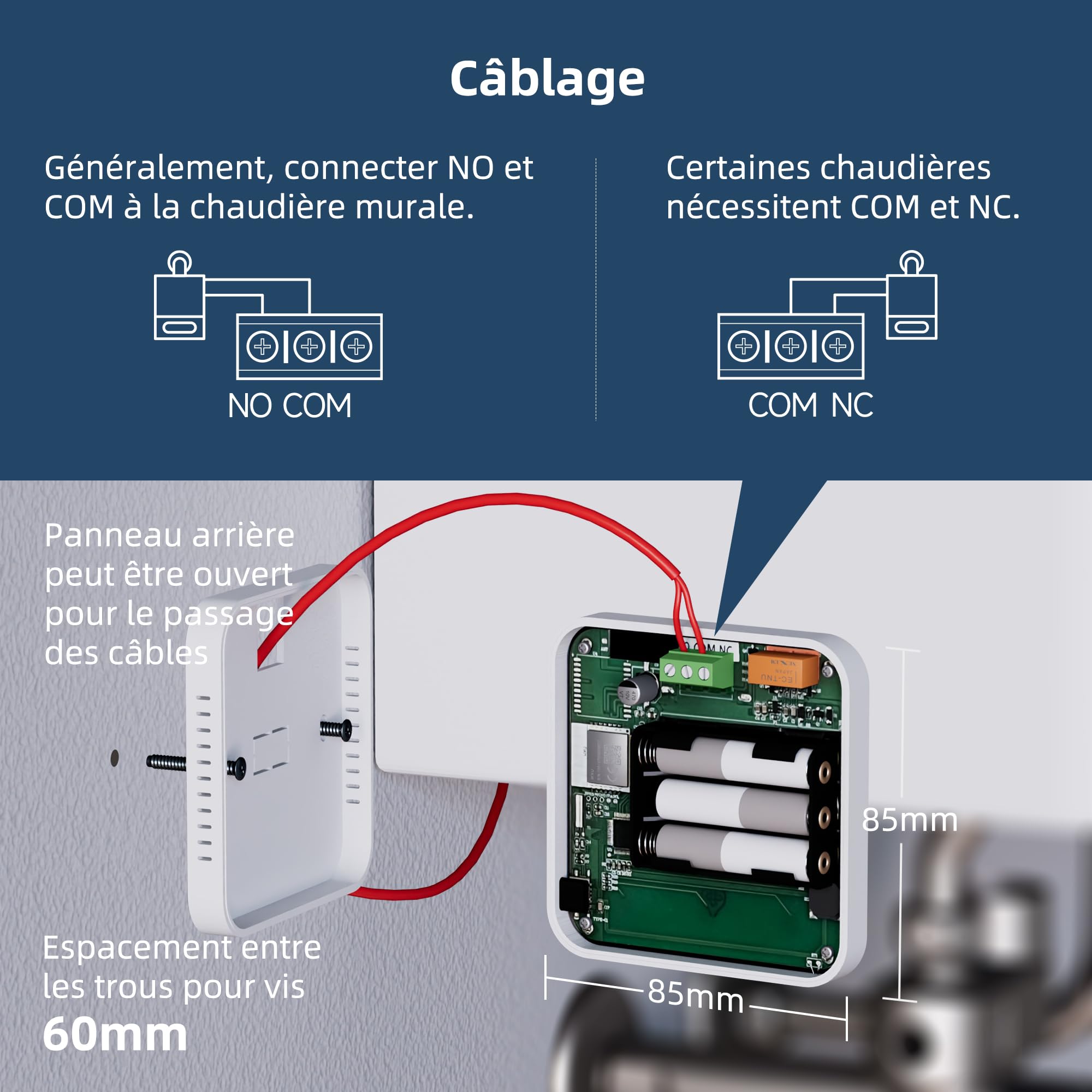 Beok Thermostat WiFi pour chaudières gaz et fioul,Thermostat Mural à 2 Fils,Programmation Quotidienne,Alimentation par Pile ou USB,Compatible avec Tuya Smart APP,Alexa