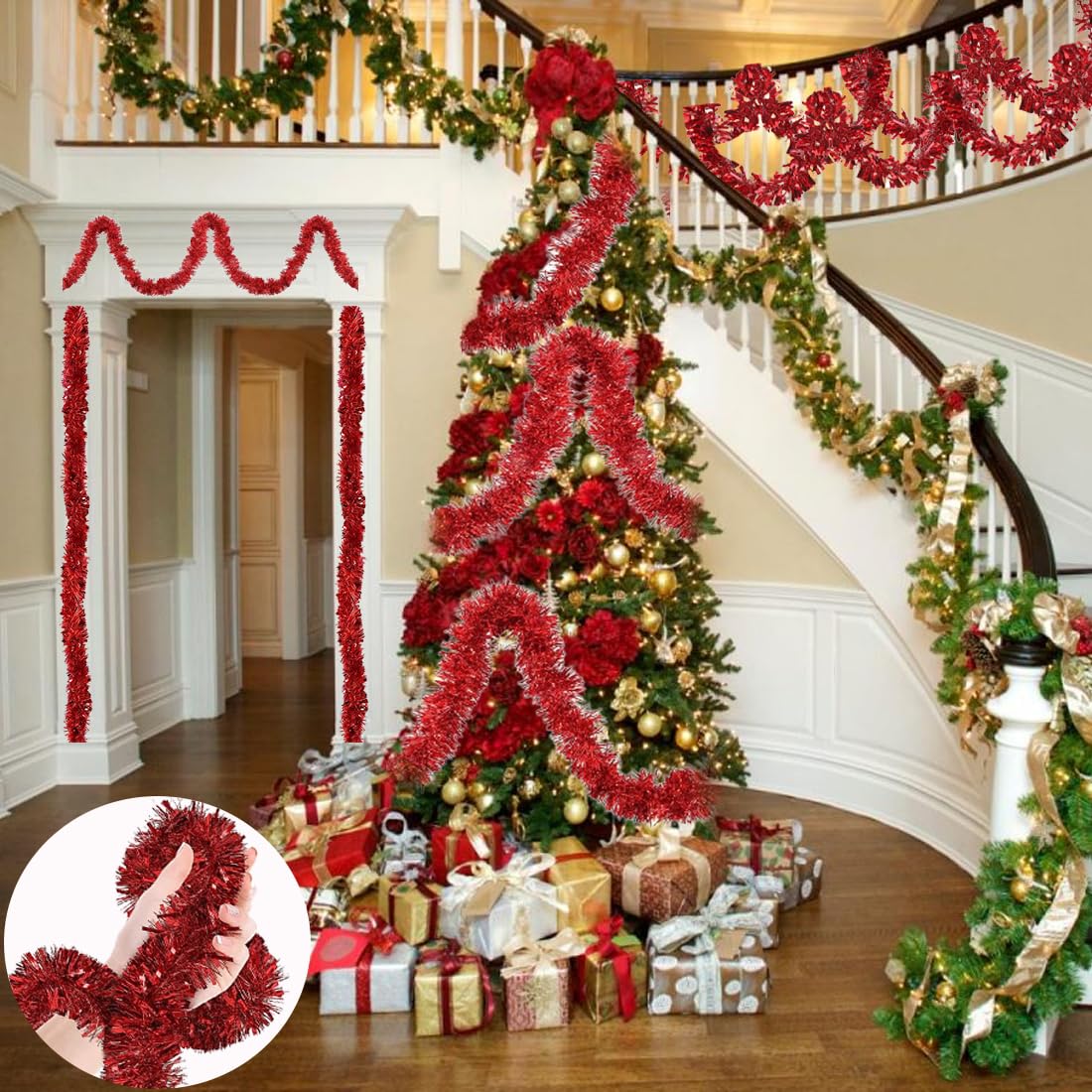 Guirlande Métallique Tinsel Noël Rouge - Lot De 5 X 2 Mètres - Décorations Brillantes Pour Sapin, Maison, Fêtes