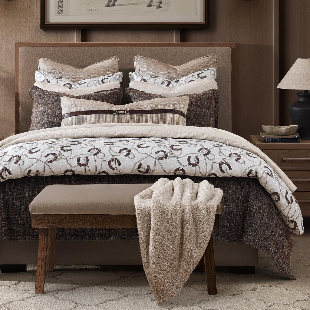 Paseo Road Tasha Polizzi Pierre Equestrian Western Bedding 3 Piece King Size Comforter Set, Brown Tan Cotton Sateen, Horseshoe Print, Modern Rustic Style Western Comforter with Pillow Shams
