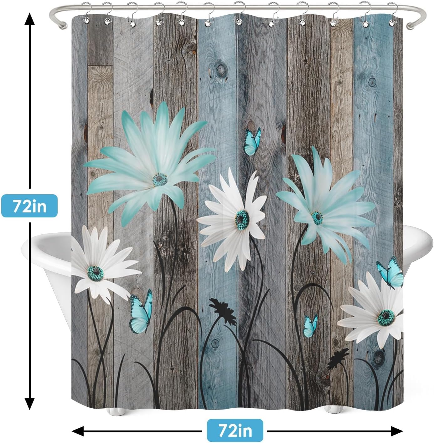 Shower Curtain and Liner Set, Rustic Teal Daisy Flowers Farmhouse Shower Curtain and Liner with Double-Sided Stainless Steel Hooks, 3-in-1 Waterproof Fabric for Bathroom, 72x72 Inch