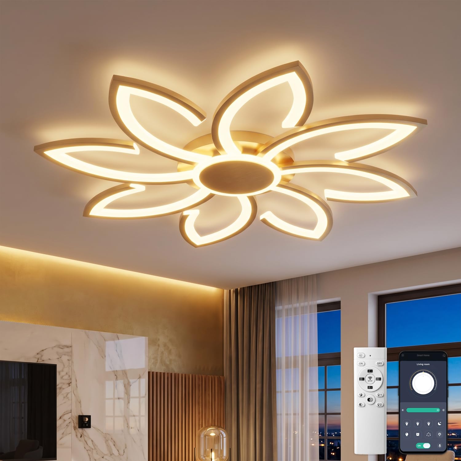 YUNLONG Led Ceiling Light with Remote Control, 31.5" Chandeliers Ceiling Light Dimmable for Living Room, 98W, 8000LM, Ceiling Lighting Fittings Flower Shape Design for Lounge, Gold — image 1