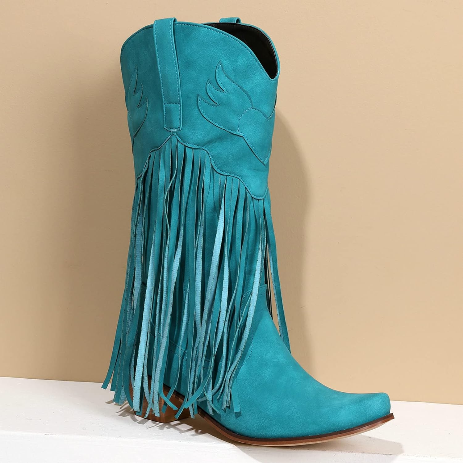 Meefit Women Fringe Cowboy Boots Square Toe Mid Calf Embroidered Western Boots,Tassel Cowgirl Boots Stacked Heel Retro Boots(Royal blue,US8.5) - Image 7