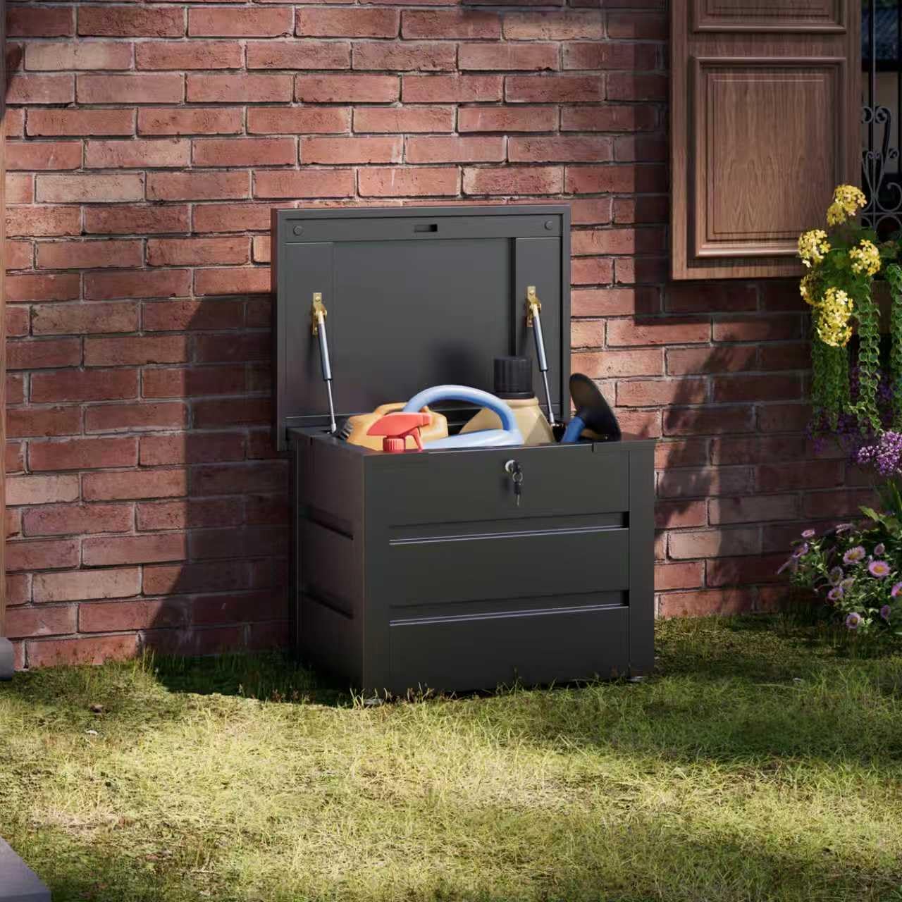 Caja de jardín de metal en negro 210 L, para exteriores, con revestimiento resistente a la corrosión, caja de almacenamiento para exteriores, resistente al agua, para cojín, 70 x 52 x 60 cm