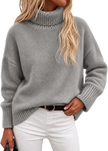 Shiketong Womens Turtleneck Sweaters Slouchy Chunky Knit Pullover Gray