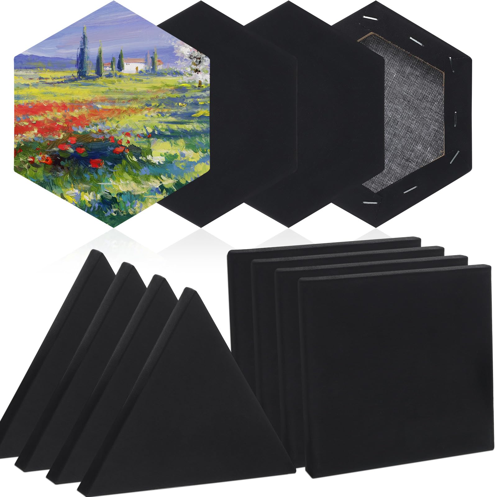 Epakh 12 Pcs Black Canvas for Painting Stretched Canvas Cotton Square Triangle Hexagon Blank Boards Panels Art with Frame Panel Stretched Boards for Oil Acrylic(8 Inch)