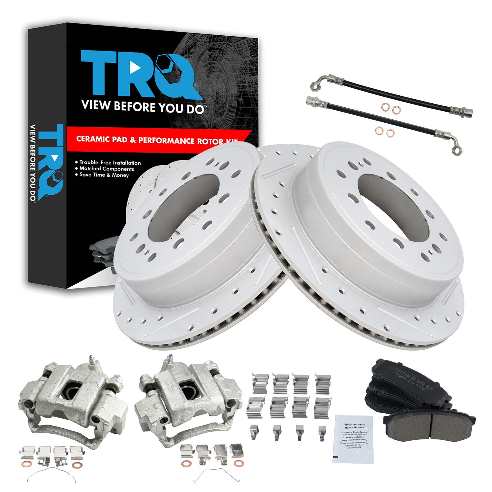 TRQ Performance Rear Brake Pad and Rotor Set Ceramic Slotted Drilled Calipers Compatible with 2010-2021 Lexus GX460 2010-2020 Toyota 4Runner