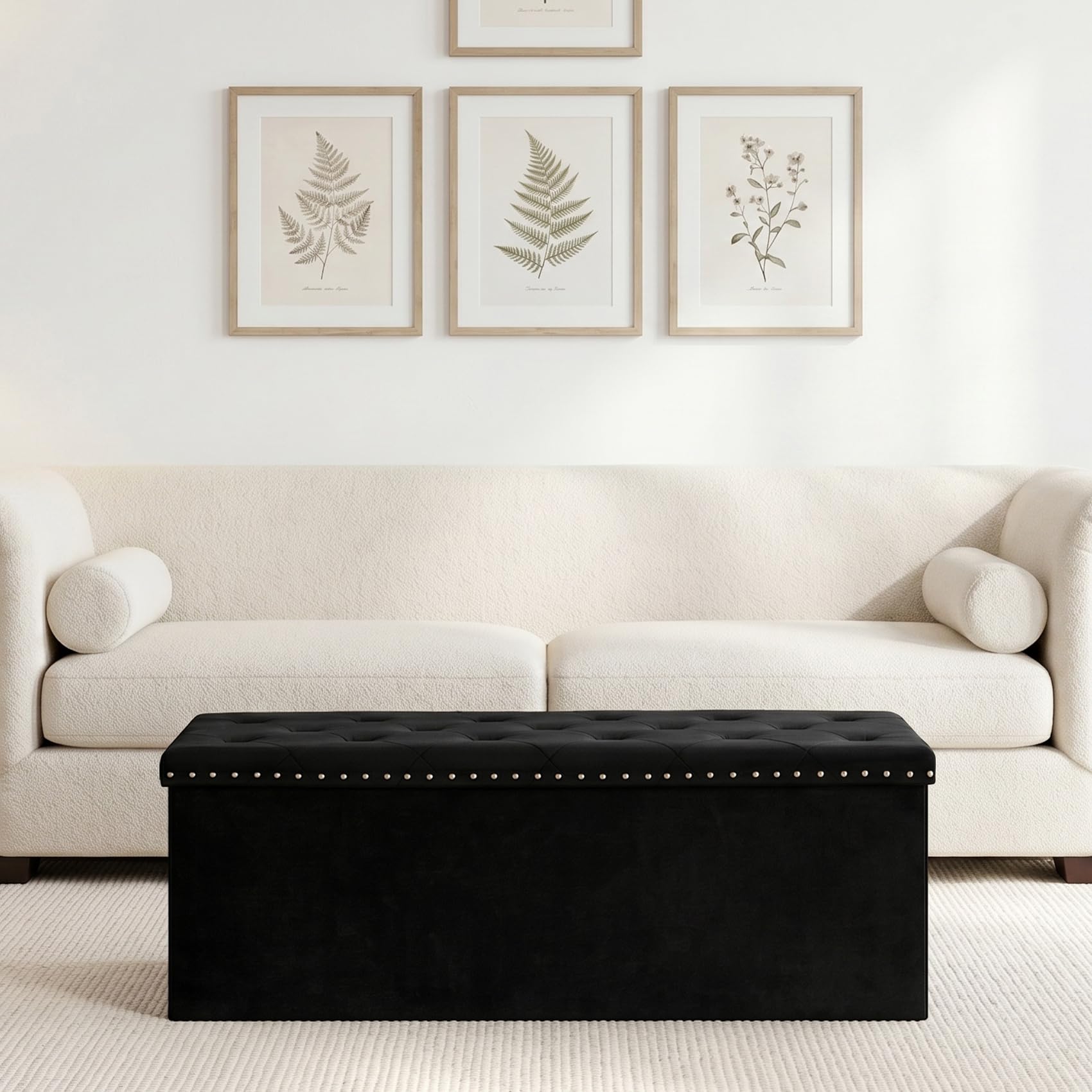 PINPLUS Baúl Banco de Almacenamiento Plegable, Puff de Terciopelo con Tapa, Reposapiés para Salón, Dormitorio y Pasillo, 110x40x40 cm, Negro