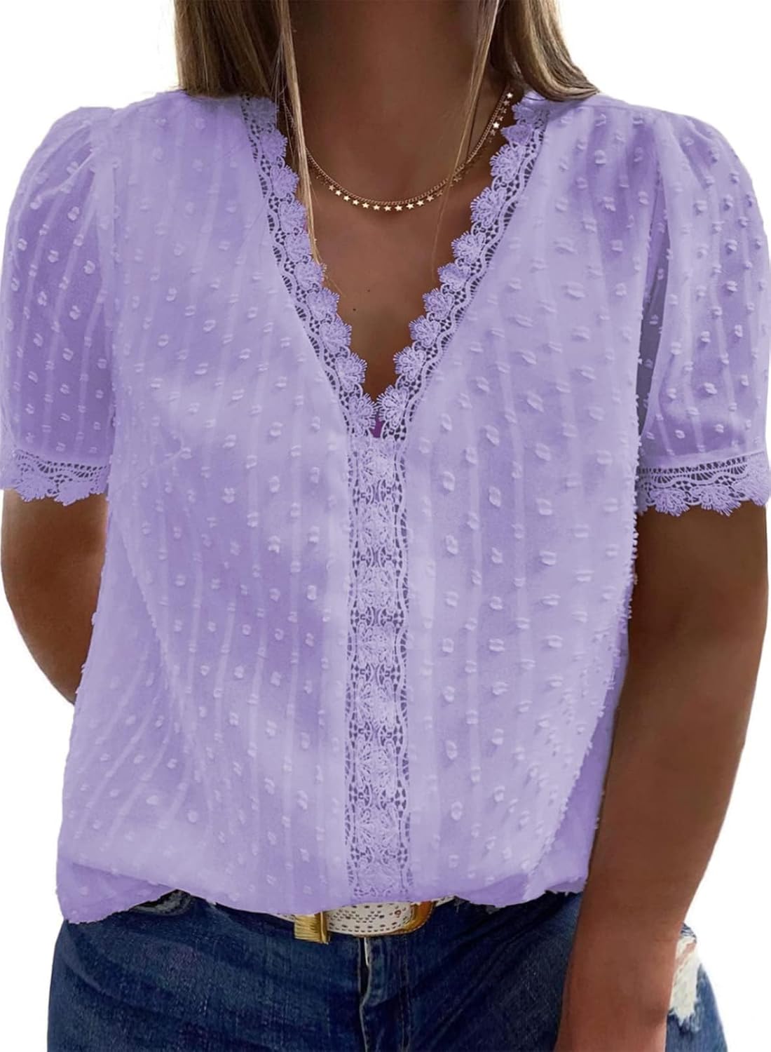 Eytino Womens Plus Size Tops Casual Summer Short Sleeve V Neck Lace Crochet Chiffon Blouses Shirts(1X-5X)