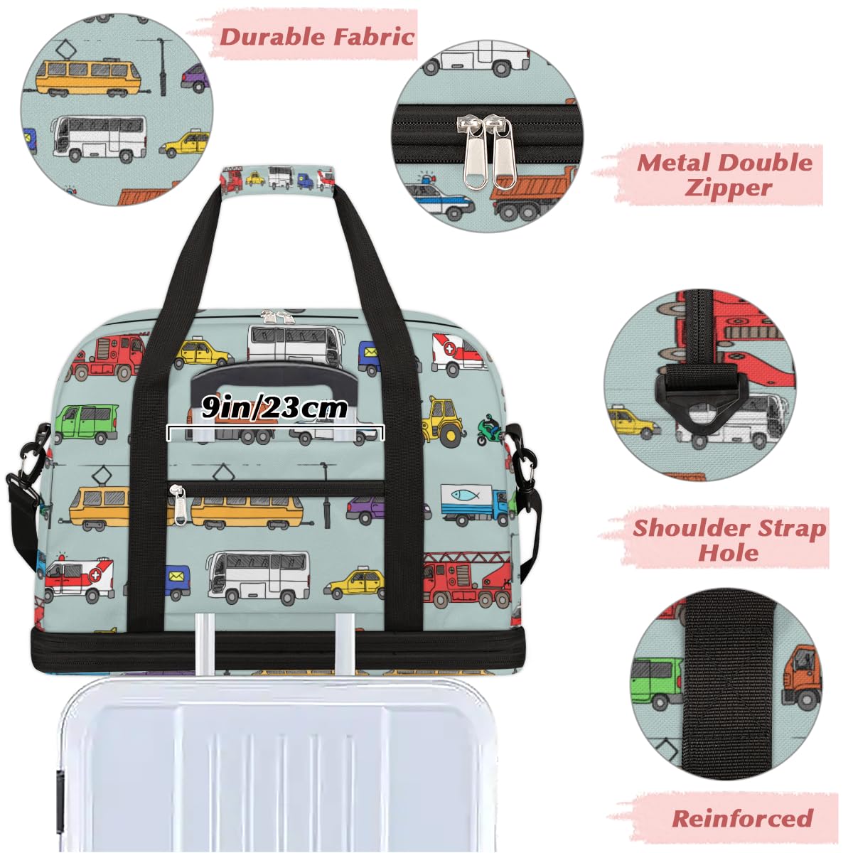 Bolsa de viaje plegable con diseño de coches de tráfico, bolsa de fin de semana de 47 litros con funda de carrito para deportes gimnasio viajes, multicolor, 47L, Bolsa de viaje