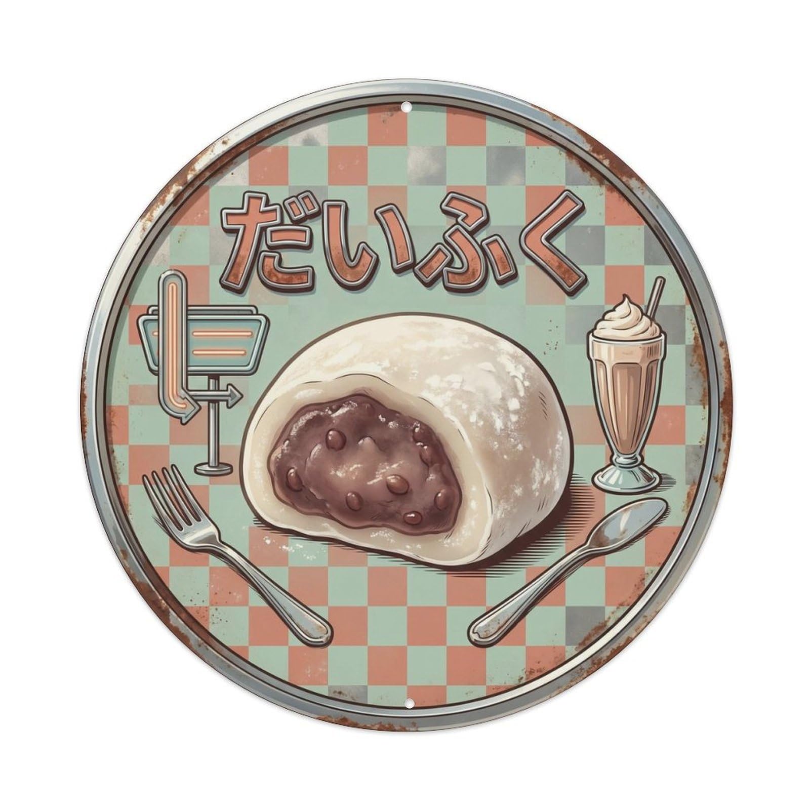 Cxhjca 8X8inch(20X20cm) Daifuku Japanese Dessert Classic Diner Bean Wagashi Metal Tin Sign