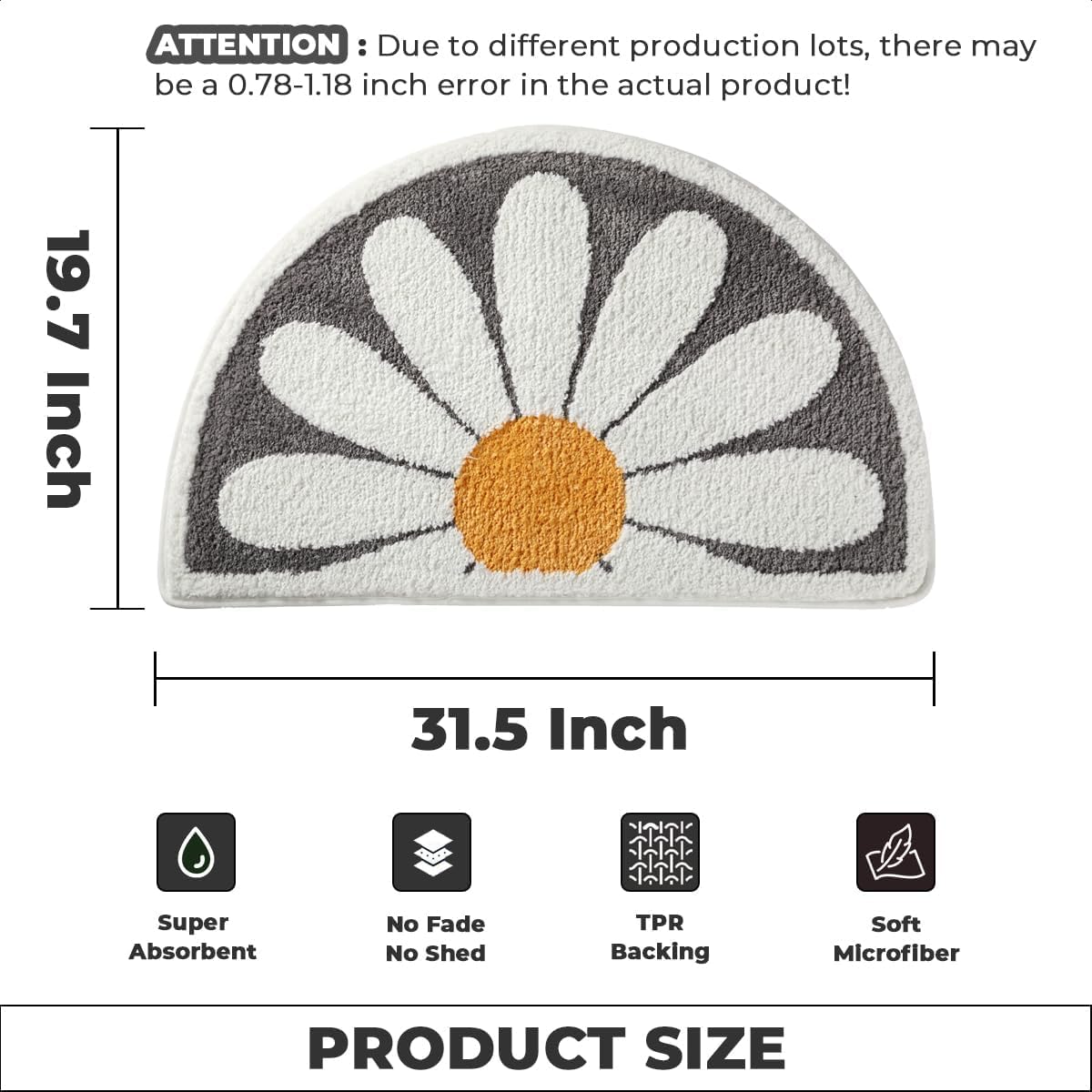 Daisy Bathroom Rug Quick-Dry Plush Bath Mat with Rubber Backing, Non-Slip and Washable Bathroom Rug for Shower and Bedroom (Grey, 31"x20")