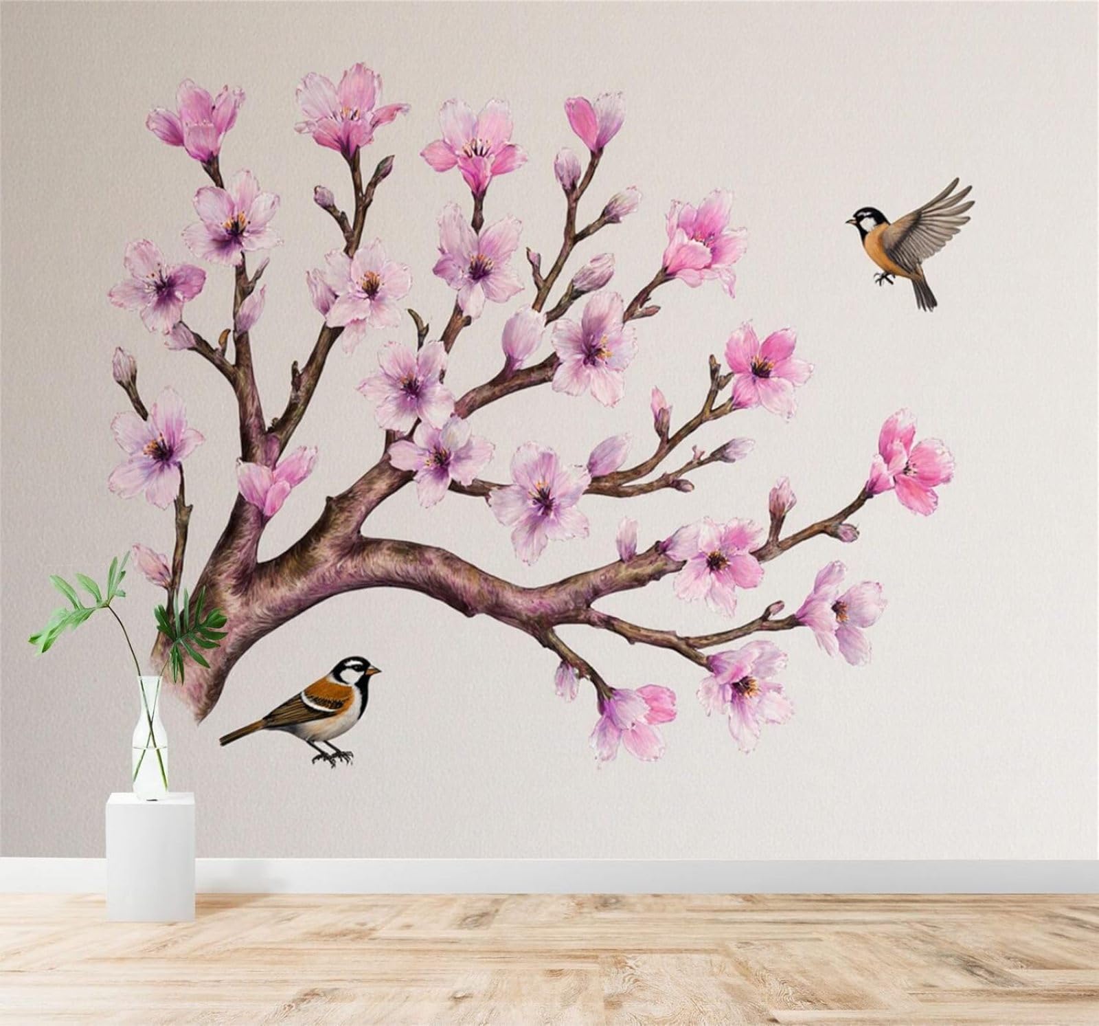 XLMING Cherry Blossom Branches Birds in Flight Pink Flowers Nature Art 3D Wallpaper Silky Texture Home Study Office Grey Dining Room Sofa Bedroom Living Room TV Backdrop-400cm×280cm