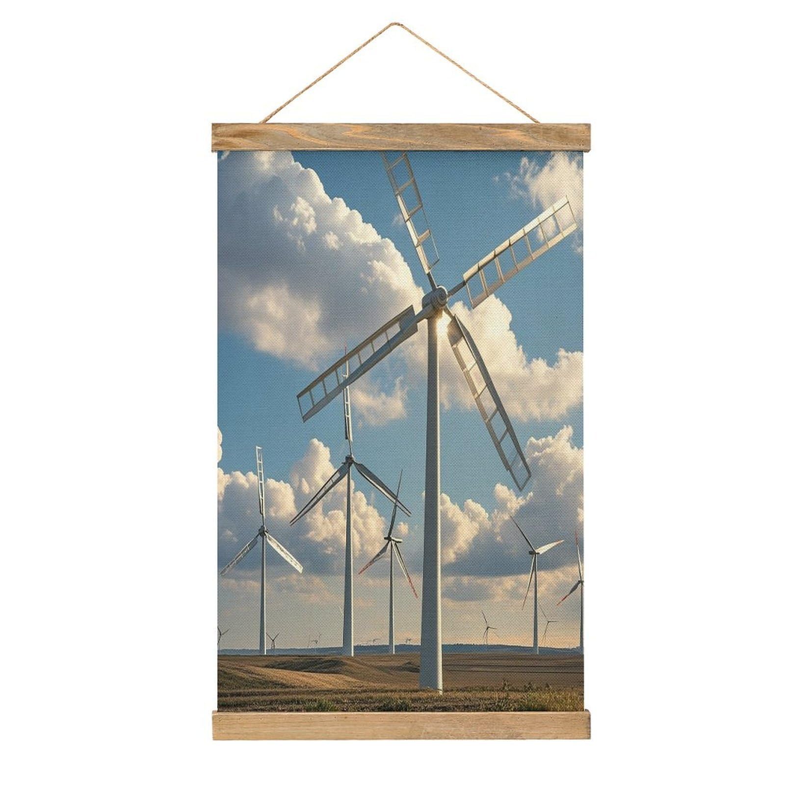 VstaDank Windmills Hanging Poster with Wooden Frame Modern Linen Hanging Painting Retro Style Wall Decor Art Painting for Living Room,Bedroom Decor Poster Frame 20.4x13.1inch