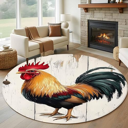 Miniatura 12 de 3.3ft Round Rug, Retro Rooster Non-Skid Rubber Backing Large Area Rugs - Living Room Bedroom Home Office, Watercolor Animals Farmhouse Indoor Floor
