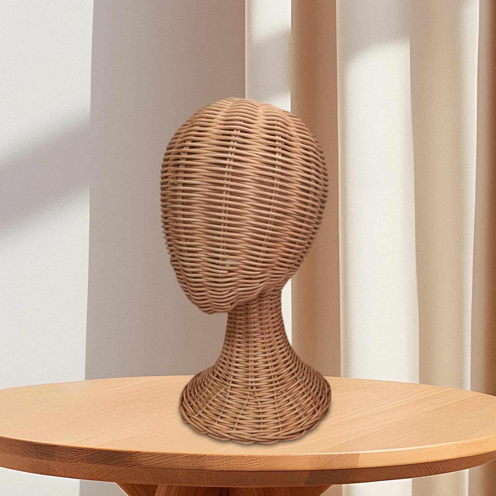 harayaa Tête de Présentation en Rotin avec Base Antiretournement, Présentoir à Chapeaux Multifonctionnel, Support pour Perruques Tressé Main, Base Stable, pour Vitrine, Magasin et Décoration Maison