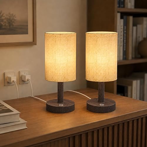Small Plug-In Touch Bedside Table Lamps Set of 2, Dark Walnut Finish