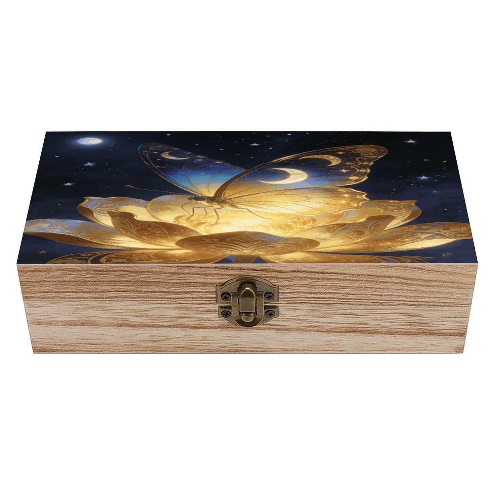 Khauerbc Men's Style Golden Retro Fantasy Starry Moon Butterfly Locked Wooden Keepsake Box With Hinged Lid For Crafts And Photo Storage,Keepsake Box Jewellery Organiser Unique Gift Ideas For & Wo