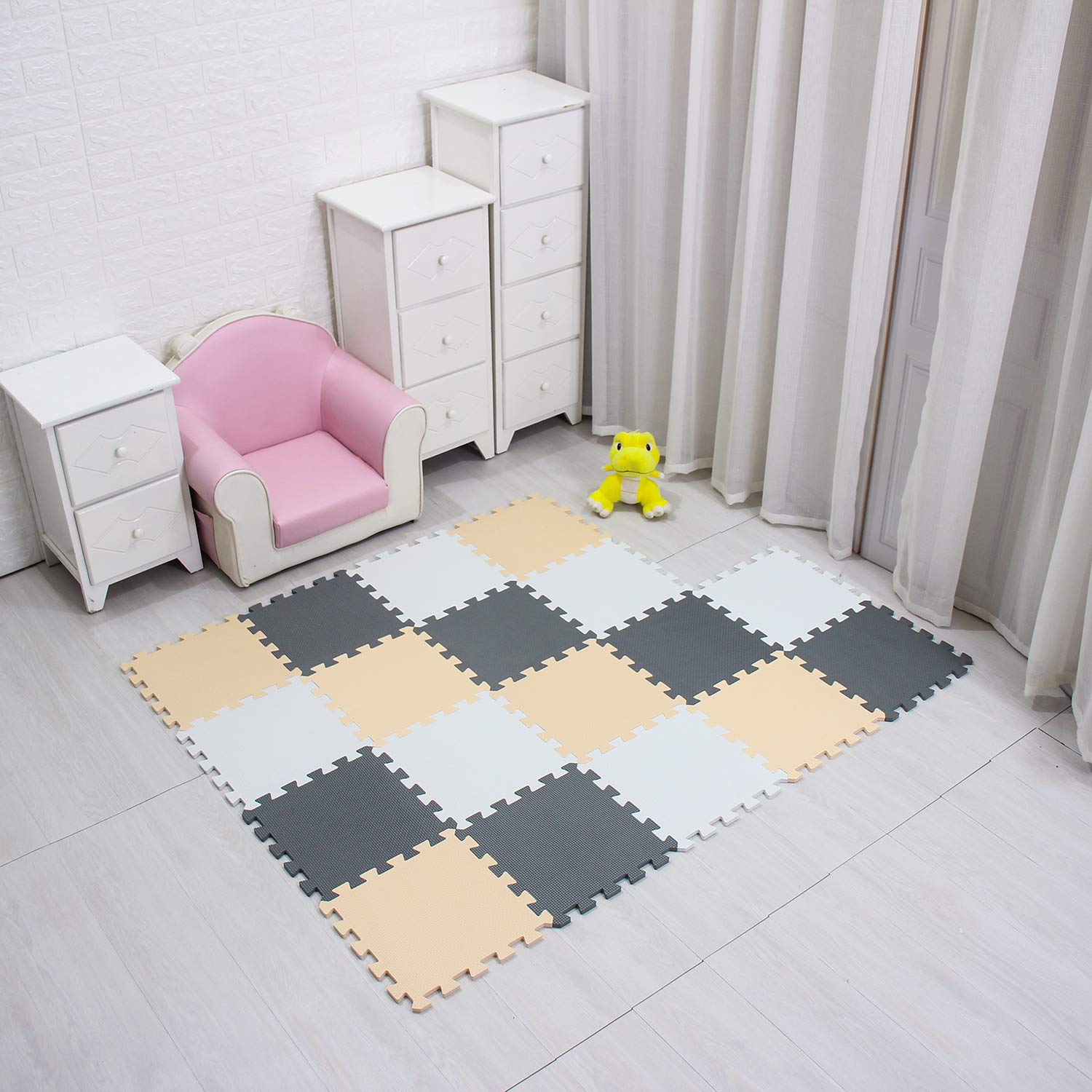 Tappeto Puzzle Bambini In EVA - 142x114cm, 18 Piastrelle, Color Bianco-Rosa-Grigio - Foto 6