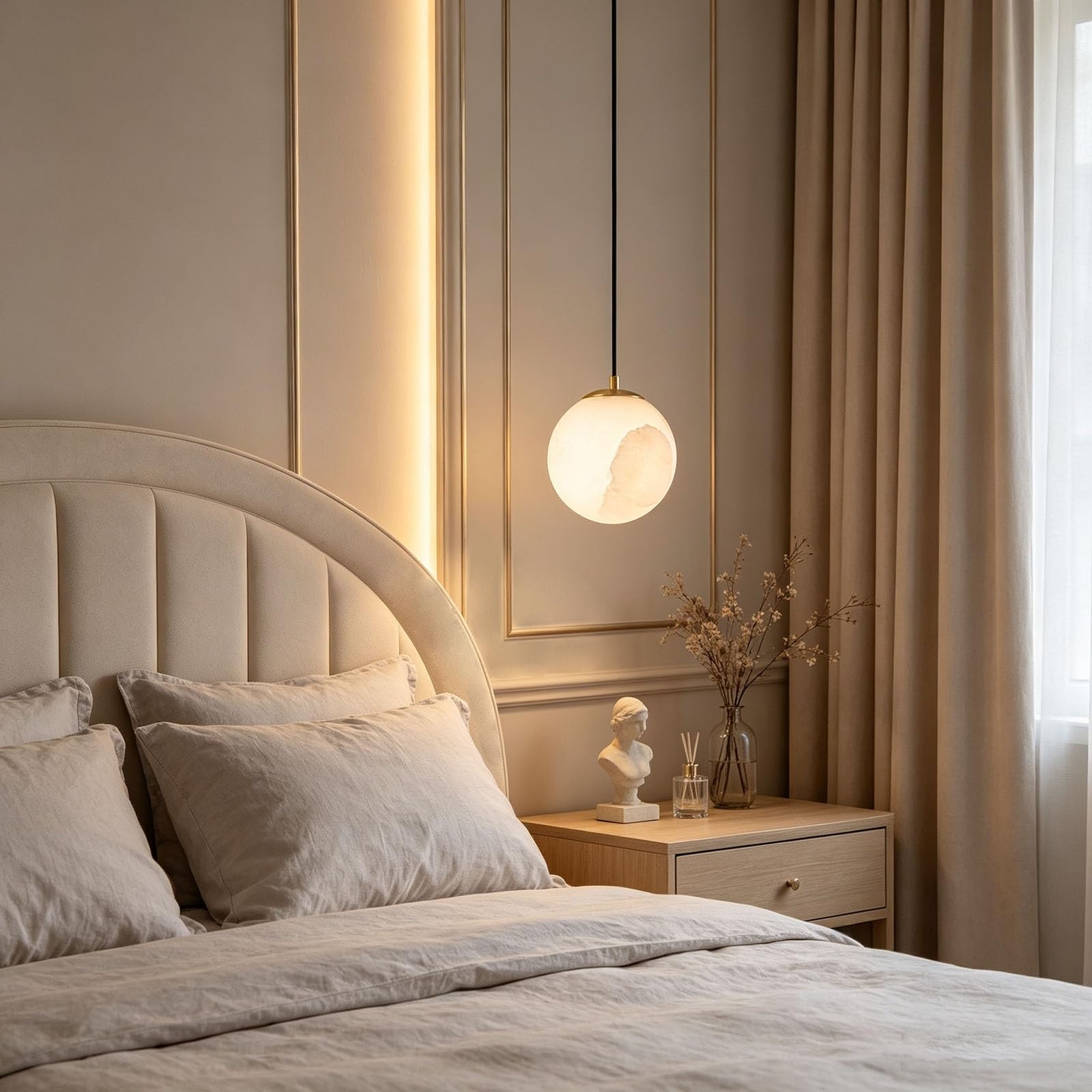 Lampada a sospensione con accento minimalista in ottone | Lampada a sospensione moderna in marmo con cavo regolabile Lampadario minimalista con paralume in alabastro