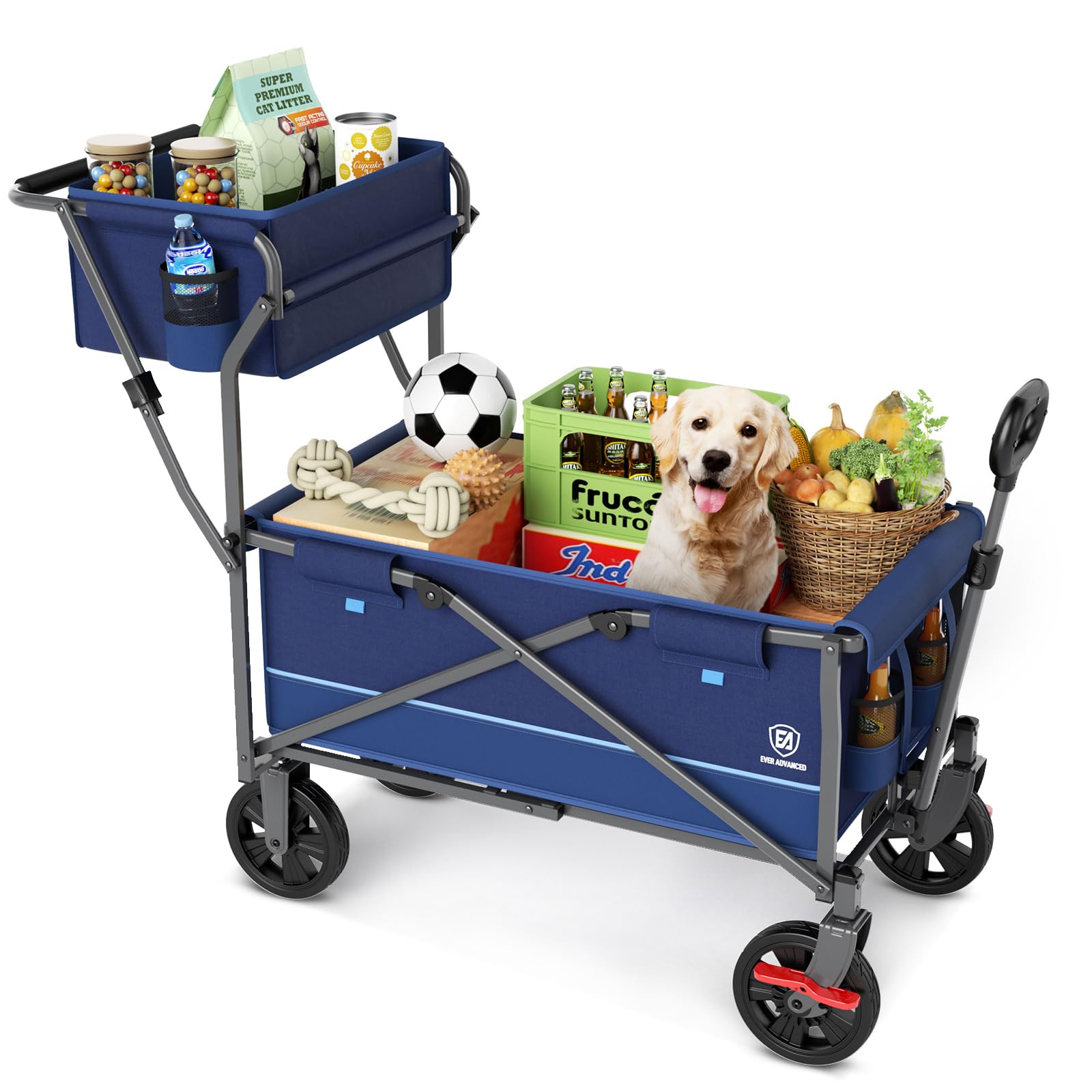 EVER ADVANCED Folding Push & Pull Trolley with Brake, Shopping Basket, Cup Holder, Side Pocket, Beach Trolley up to 100 kg for Camping, Beach, Shopping Blue