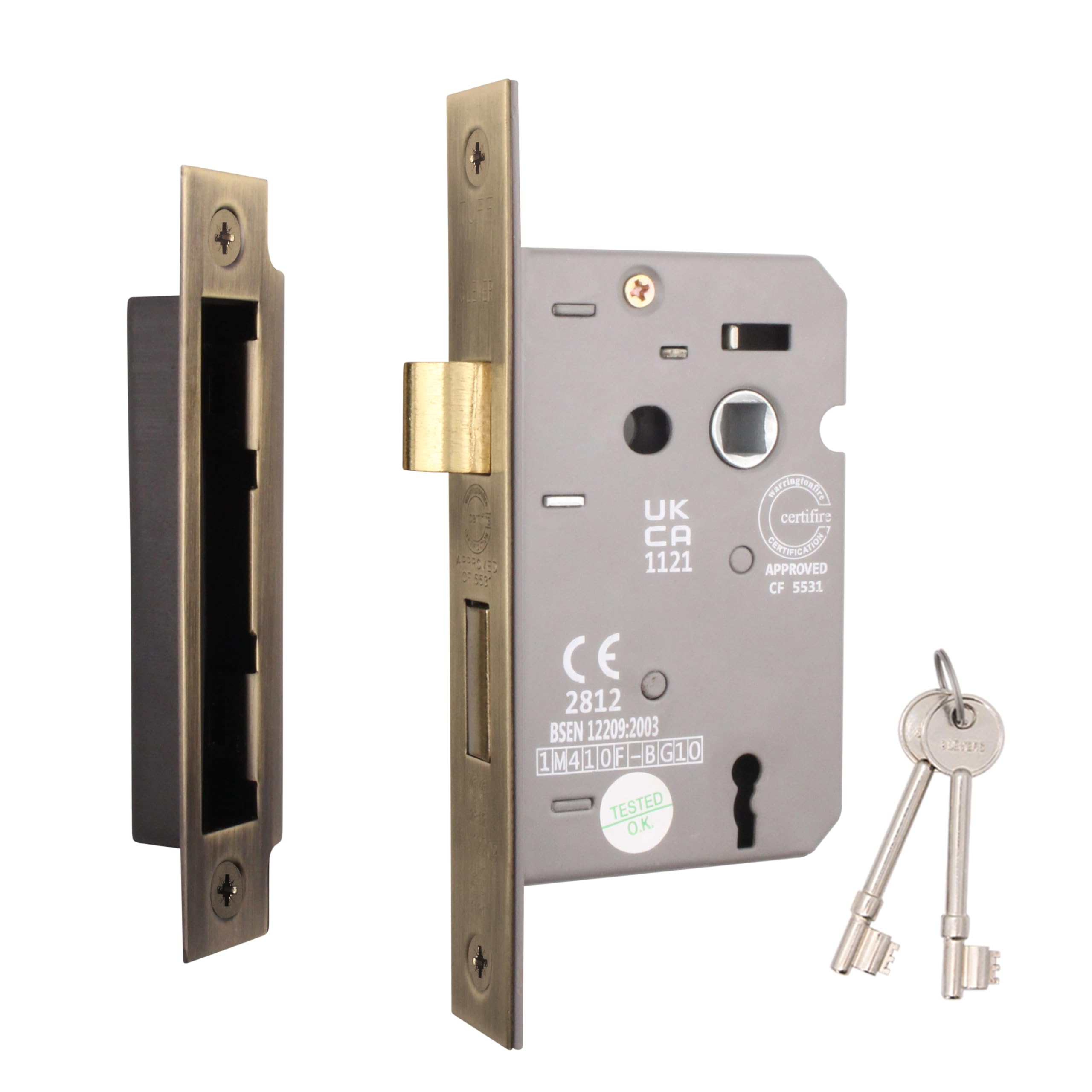 Eai Antique Brass Sashlock - Fire Rated & Ce Approved Mortice Door Lock & Keys 64Mm / 2.5 Inch