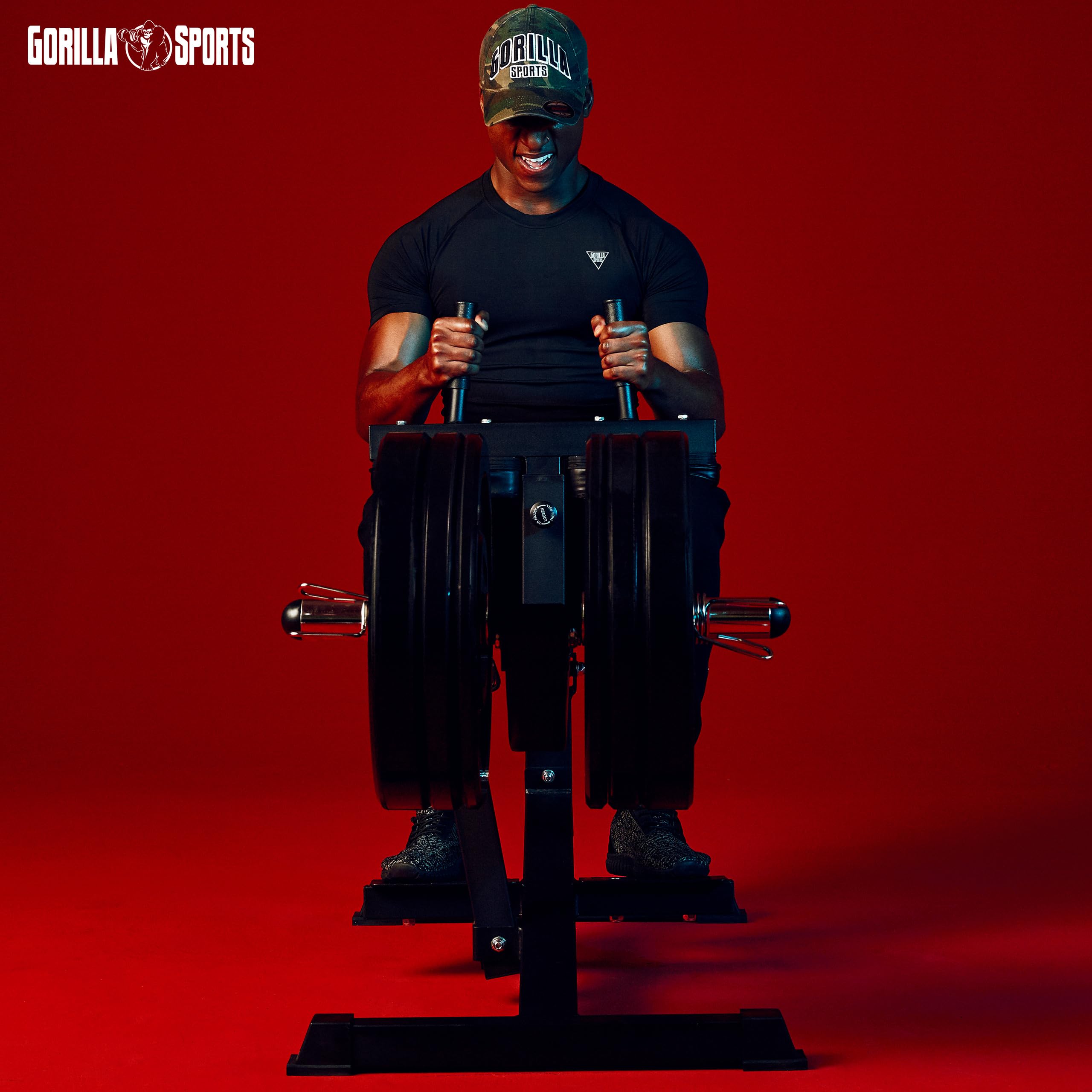 Gorilla Sports® Panca per Polpacci - 126 x 61 x 100 cm, Regolabile in Altezza in 5 Posizioni, con Supporto per Dischi Pesi da 30mm e 50mm, 2 Chiusure a Molla, Nero - Calf Machine, Palestra, Fitness