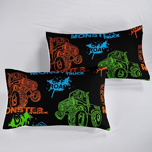 Miniatura 6 de Edredón de camión tamaño matrimonial, juego de edredón negro para niños, juego de ropa de cama de 3 piezas con 2 fundas de almohada, alternativa al